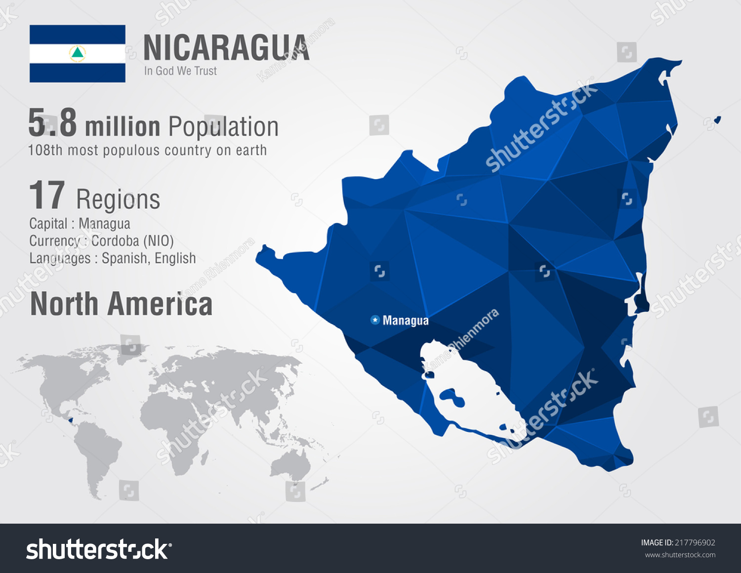 尼加拉瓜像素钻石纹理的世界地图。世界地理。
