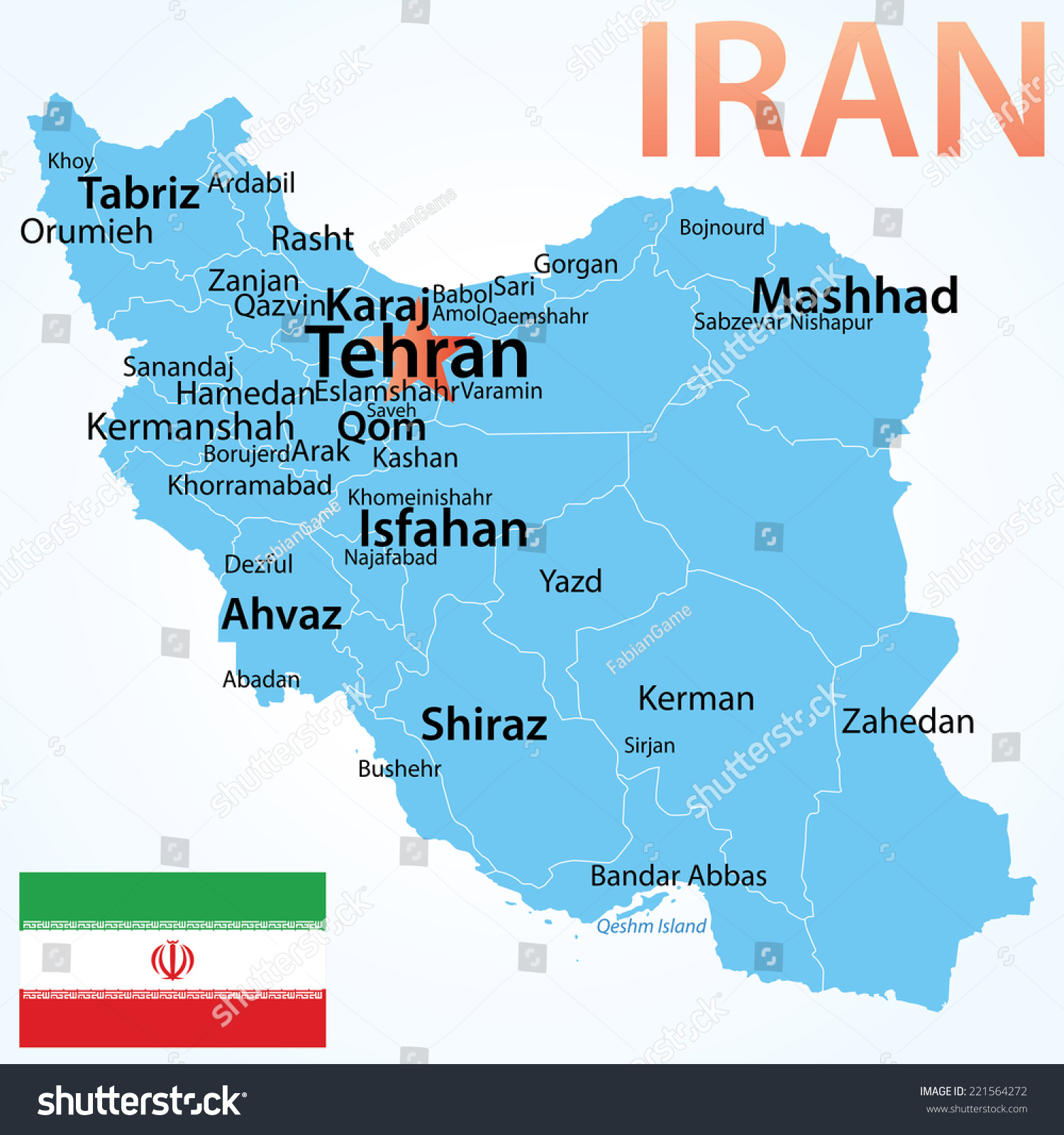 伊朗--矢量地图和最大的城市。小心翼翼地由城