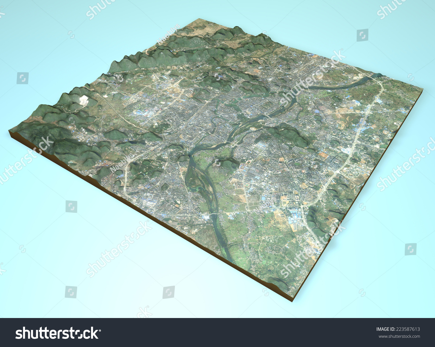 中国卫星视图的城市桂林,地图,3 d部分。这张图