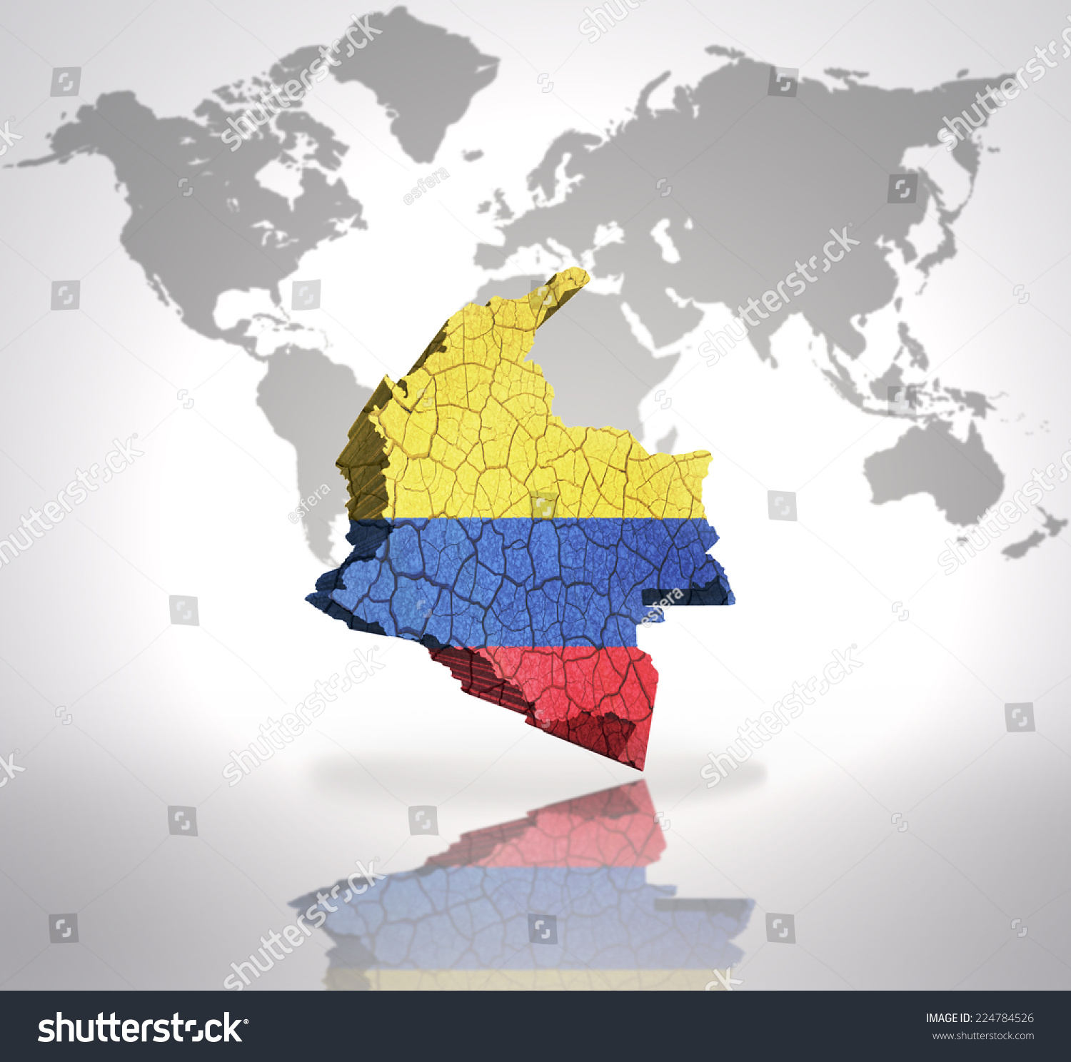 哥伦比亚的哥伦比亚国旗在世界地图地图背景 