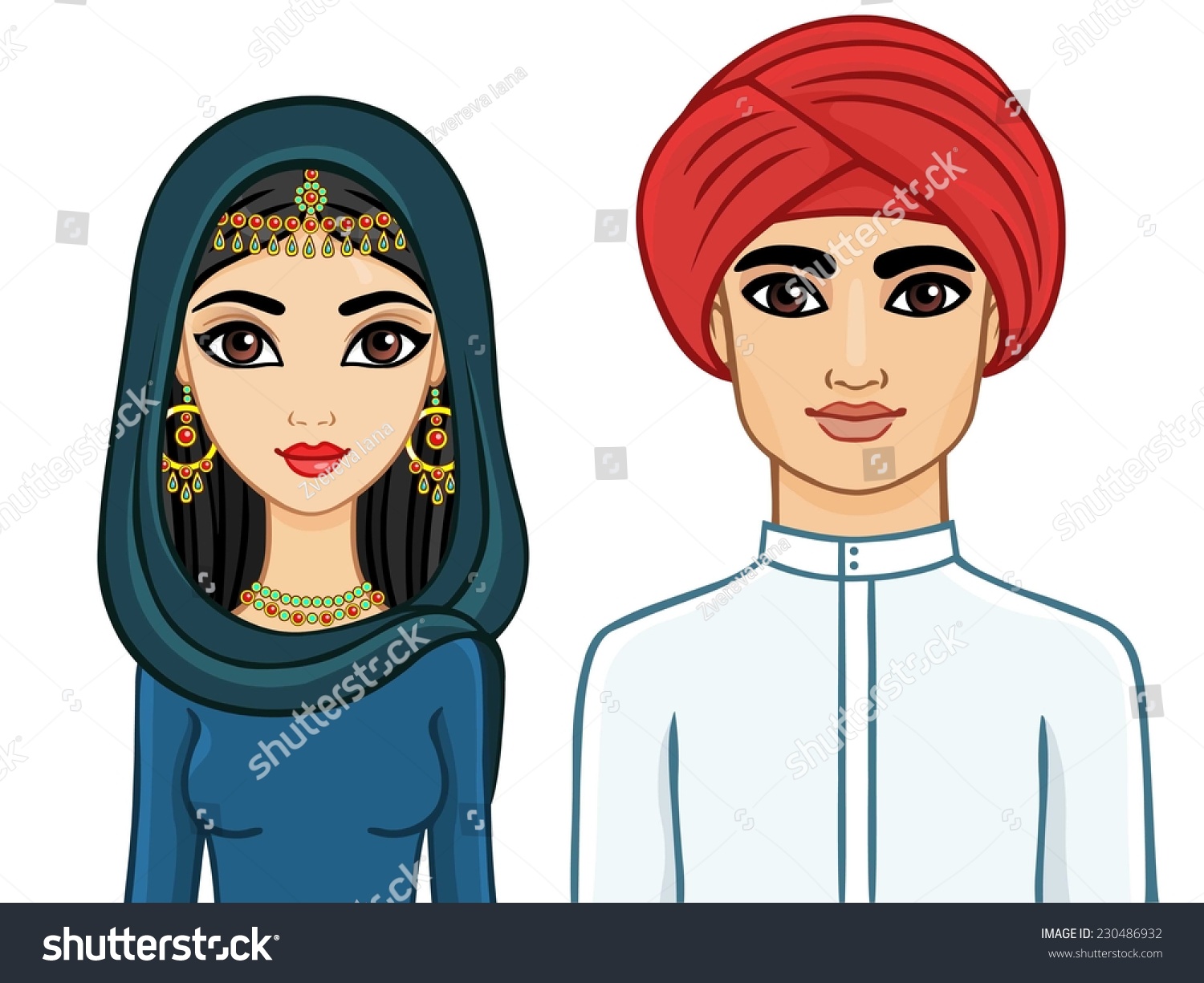 动画阿拉伯家庭:男人和女人在传统衣服和头巾