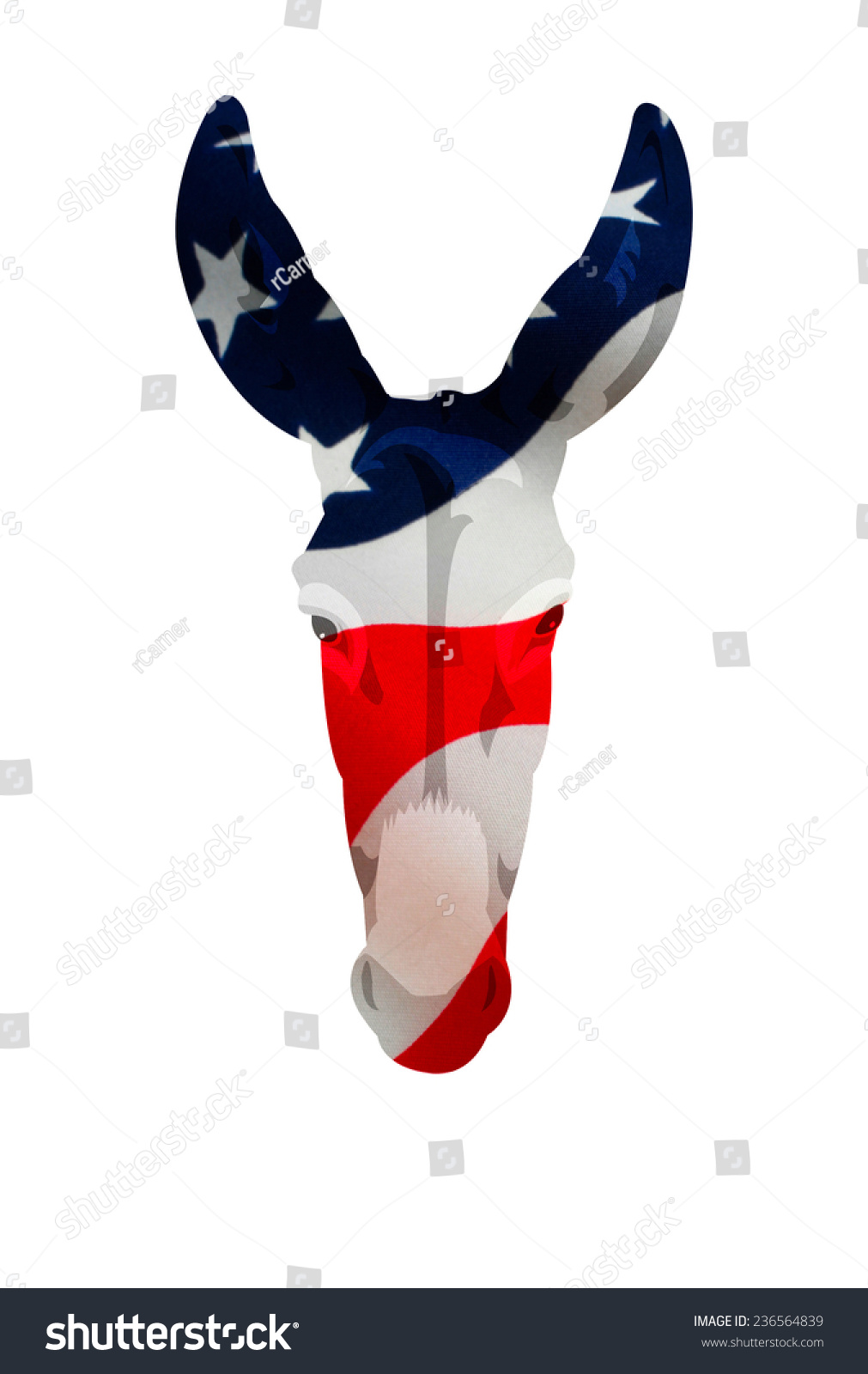 国旗位移贴图放在民主党驴的象征。孤立在白色