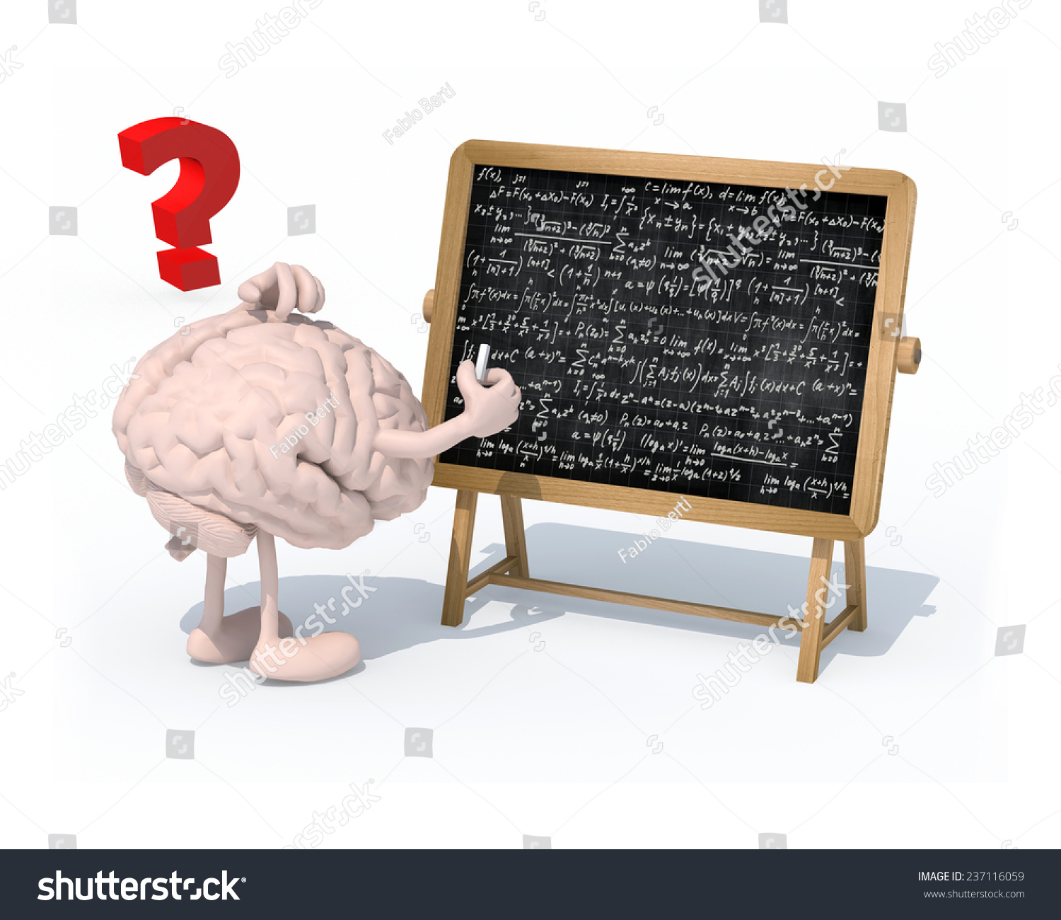 大脑与胳膊、腿和粉笔在黑板面前手上的数学公