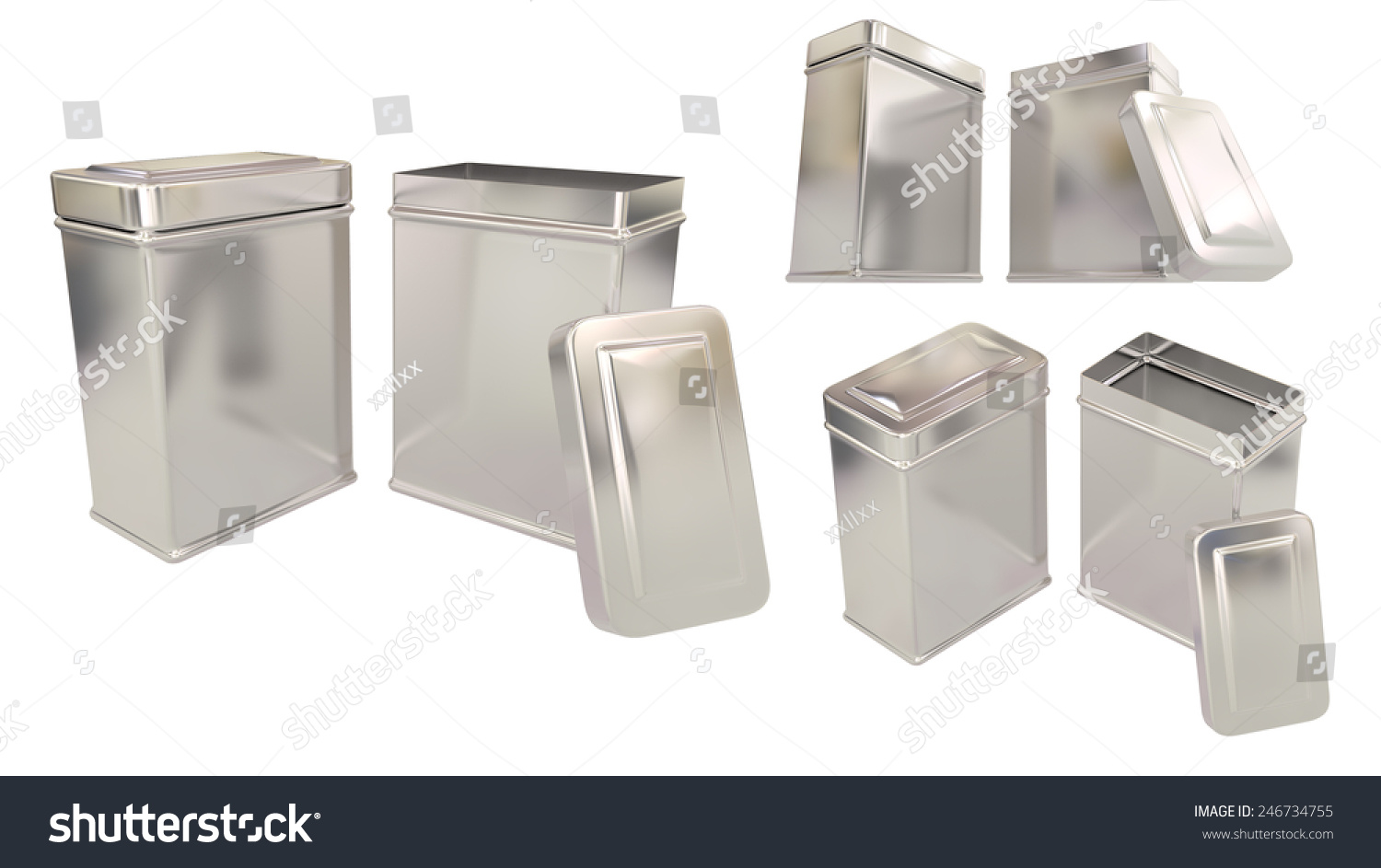 箱茶或事情金属罐空白关闭和打开设置孤立在白