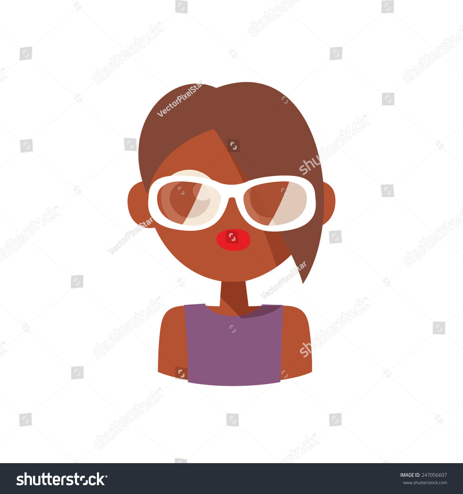 严重的黄褐色的小姐在紫色礼服,戴眼镜,棕色短