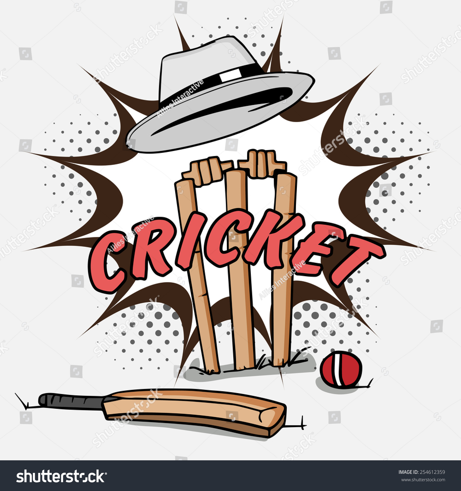 Cricket bat with red ball and wicket stumps und