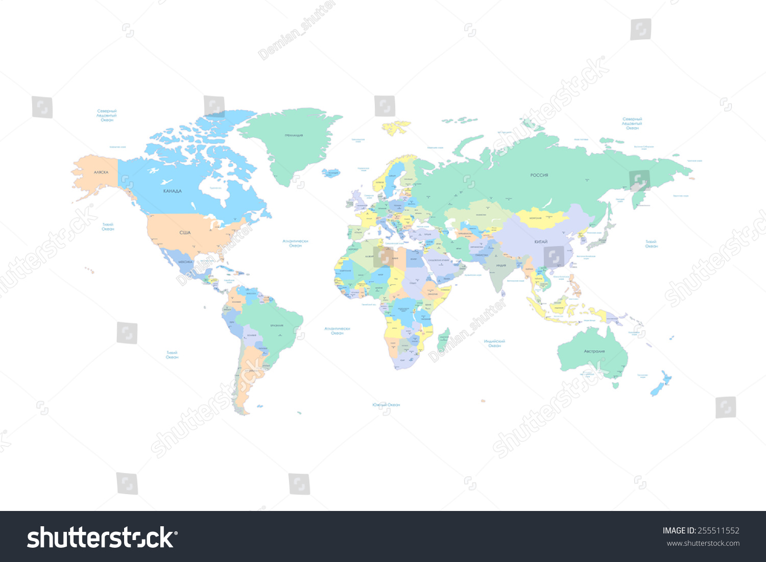世界地图与国家和城市在俄罗斯上市。海洋和海
