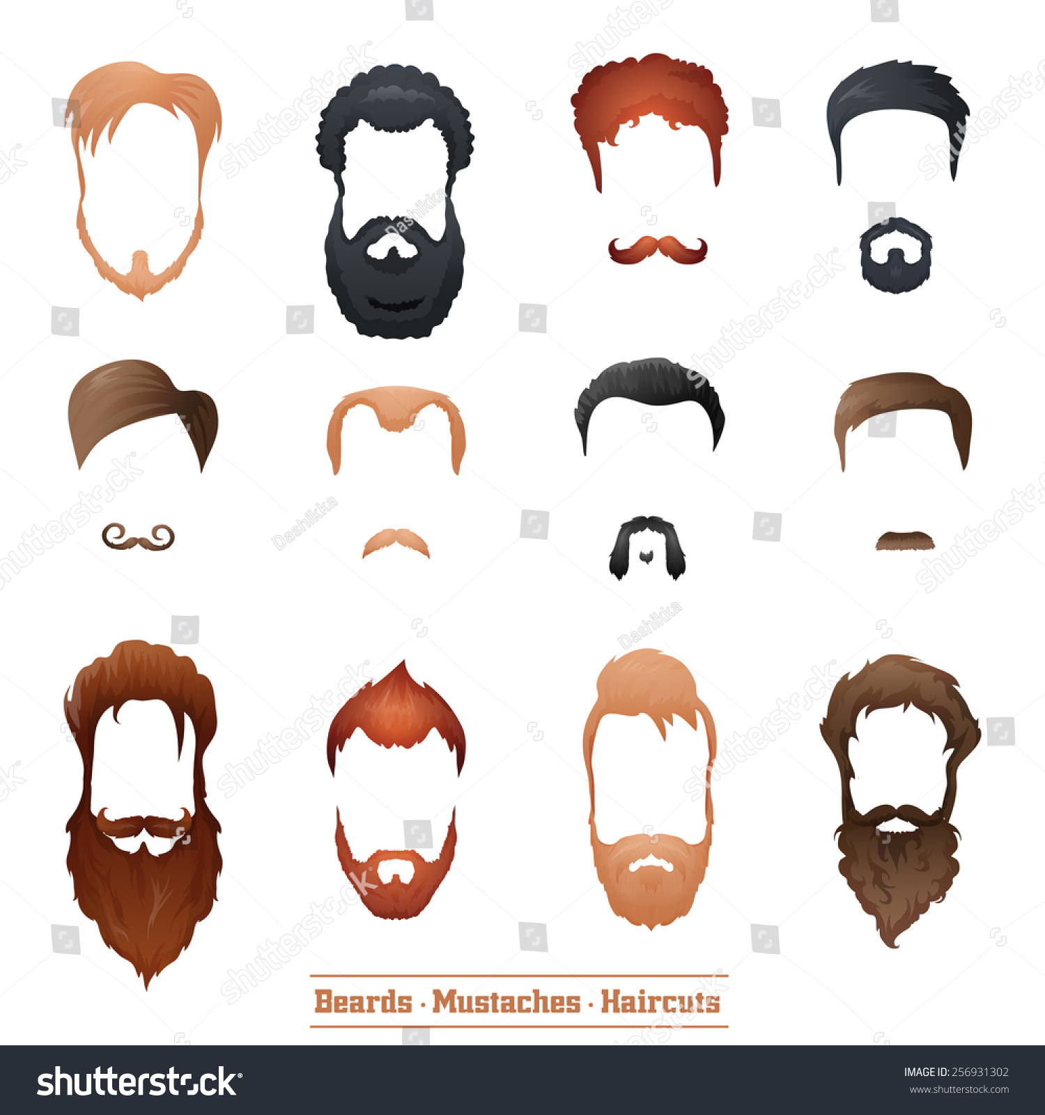 胡须,胡须和发型设置不同类型的发型矢量插图