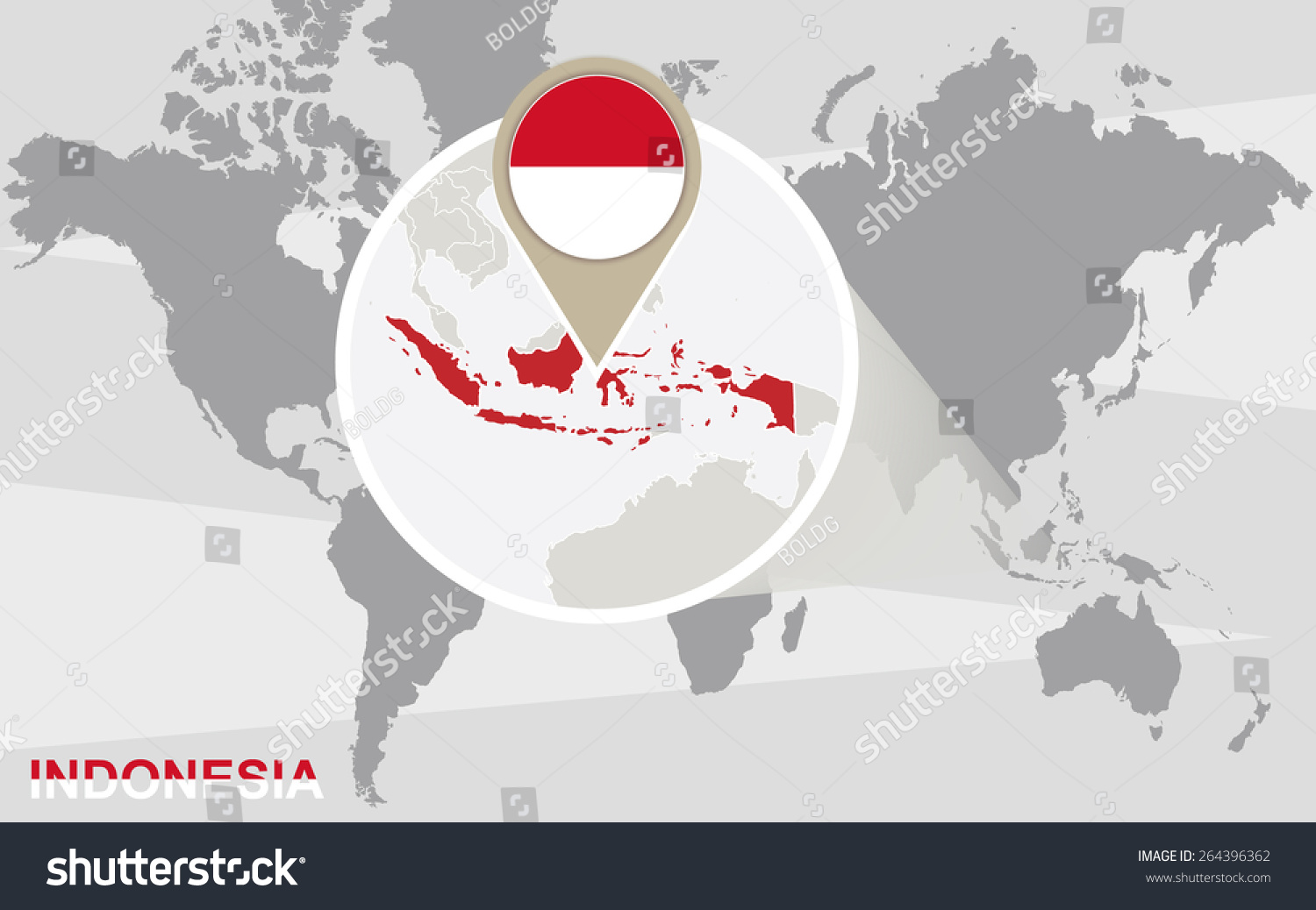 世界地图,放大了印尼。印尼国旗和地图。 - 背