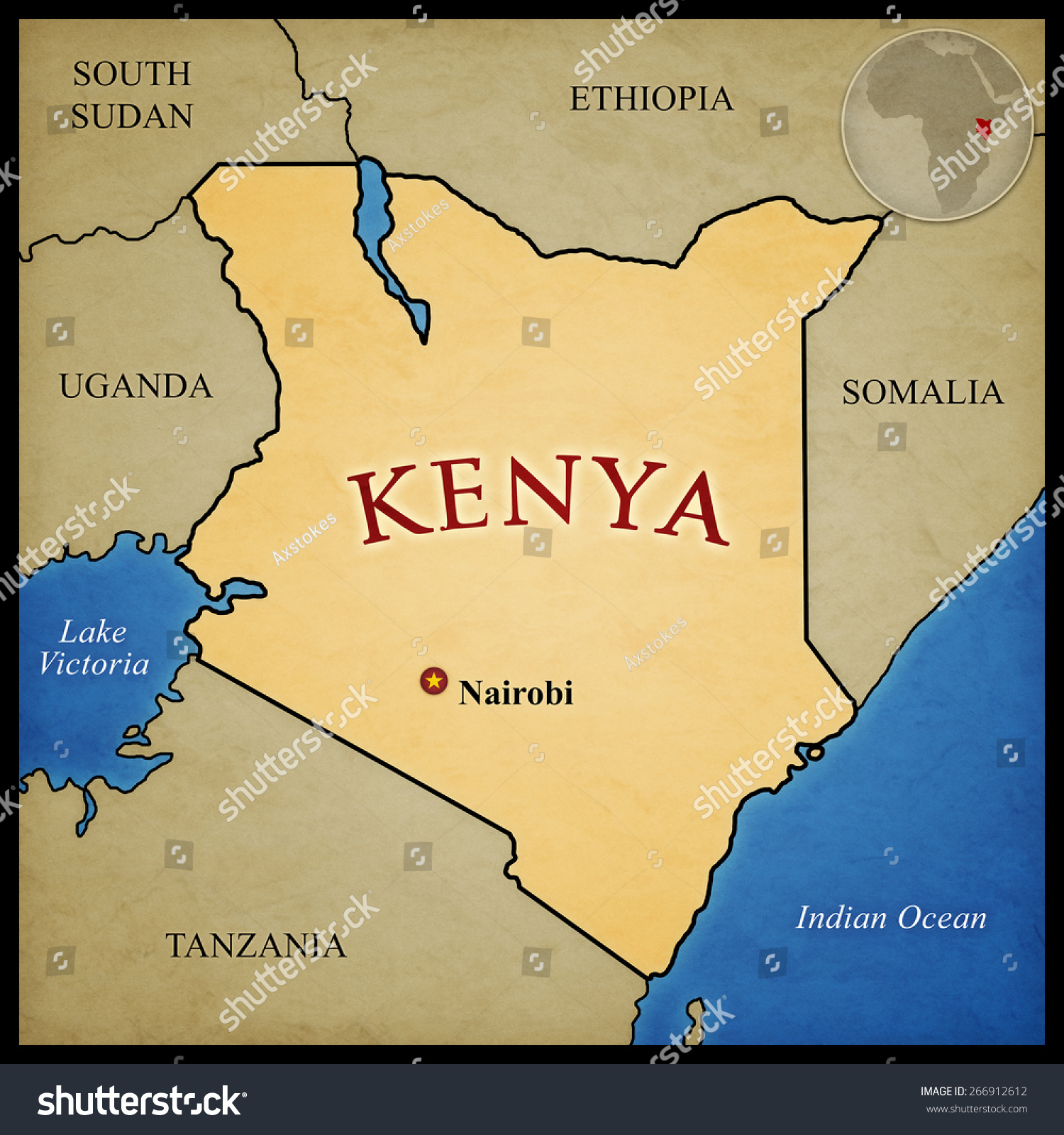 肯尼亚地图和接壤的国家首都内罗毕明显。在非