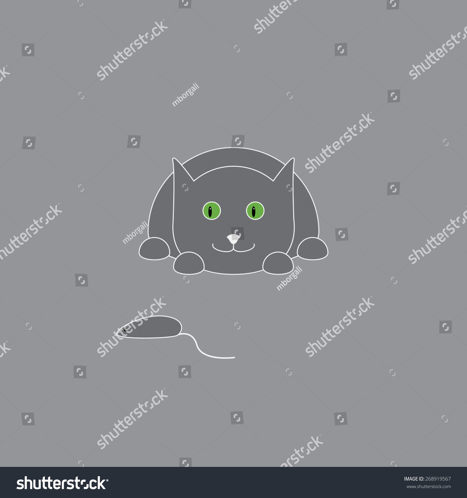 的猫用浅灰色轮廓跟随小老鼠与绿色的大眼睛孤