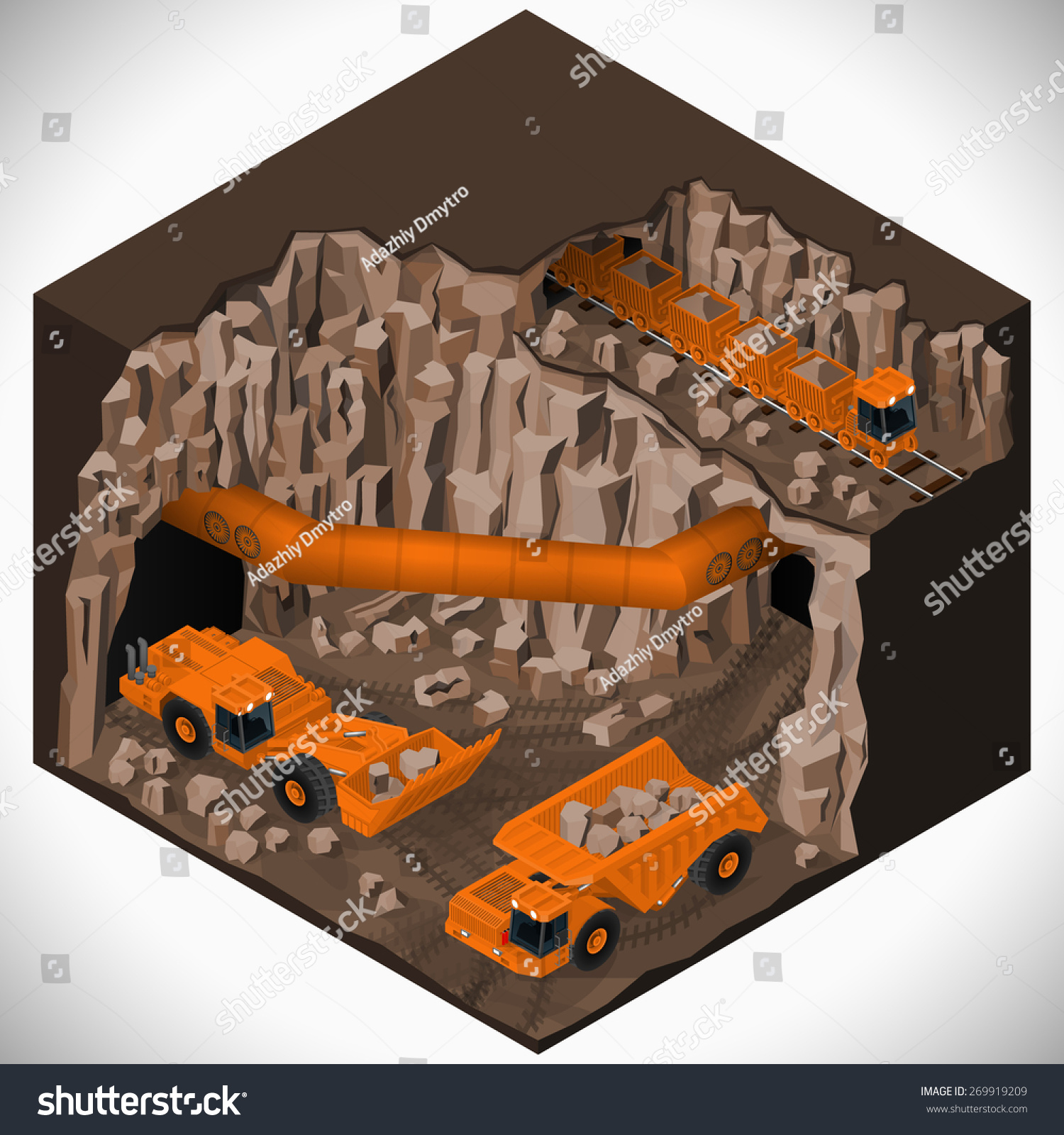 向量等距插图地下采矿的采石场,铰接式自卸车