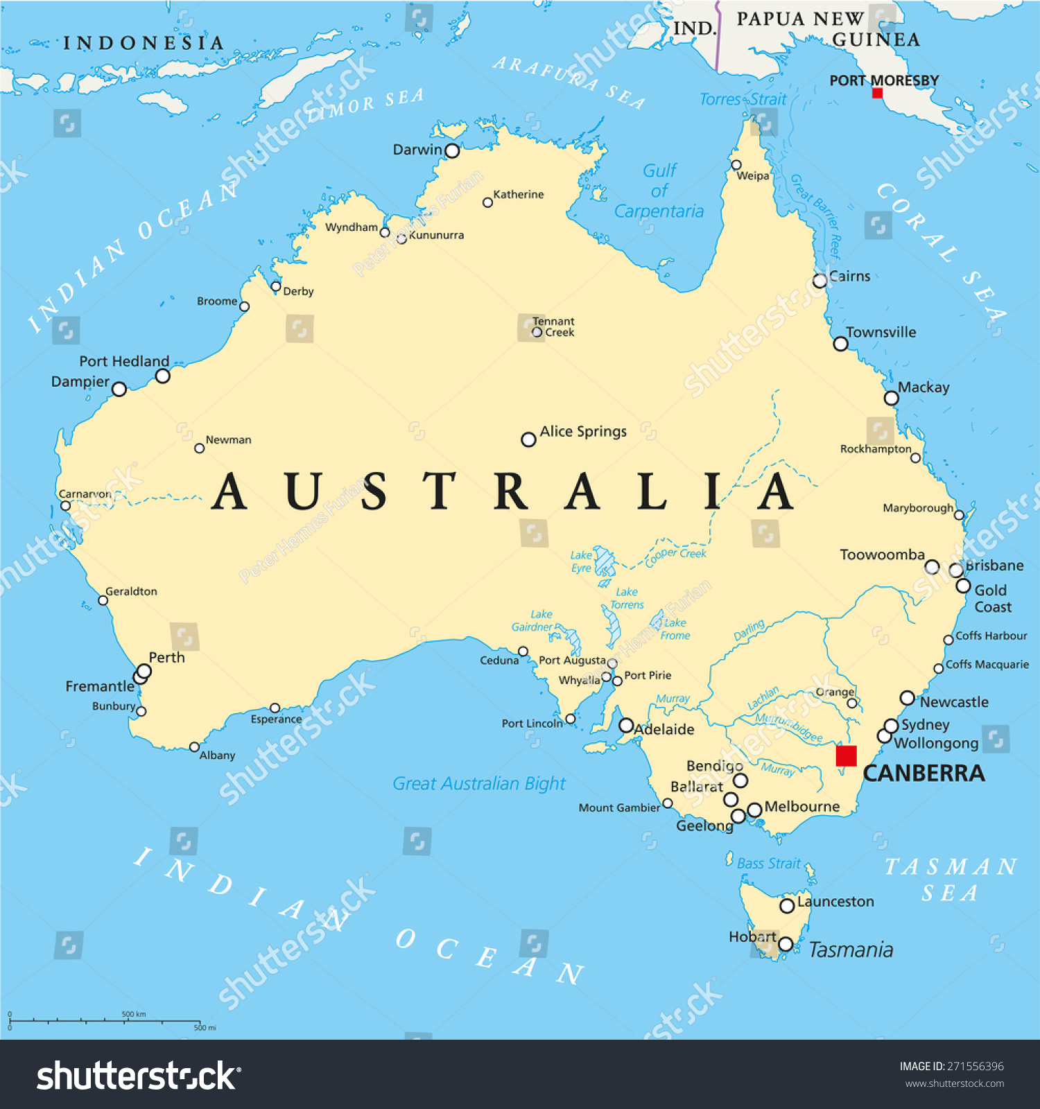 澳大利亚首都堪培拉政治地图,国界,重要城市,河