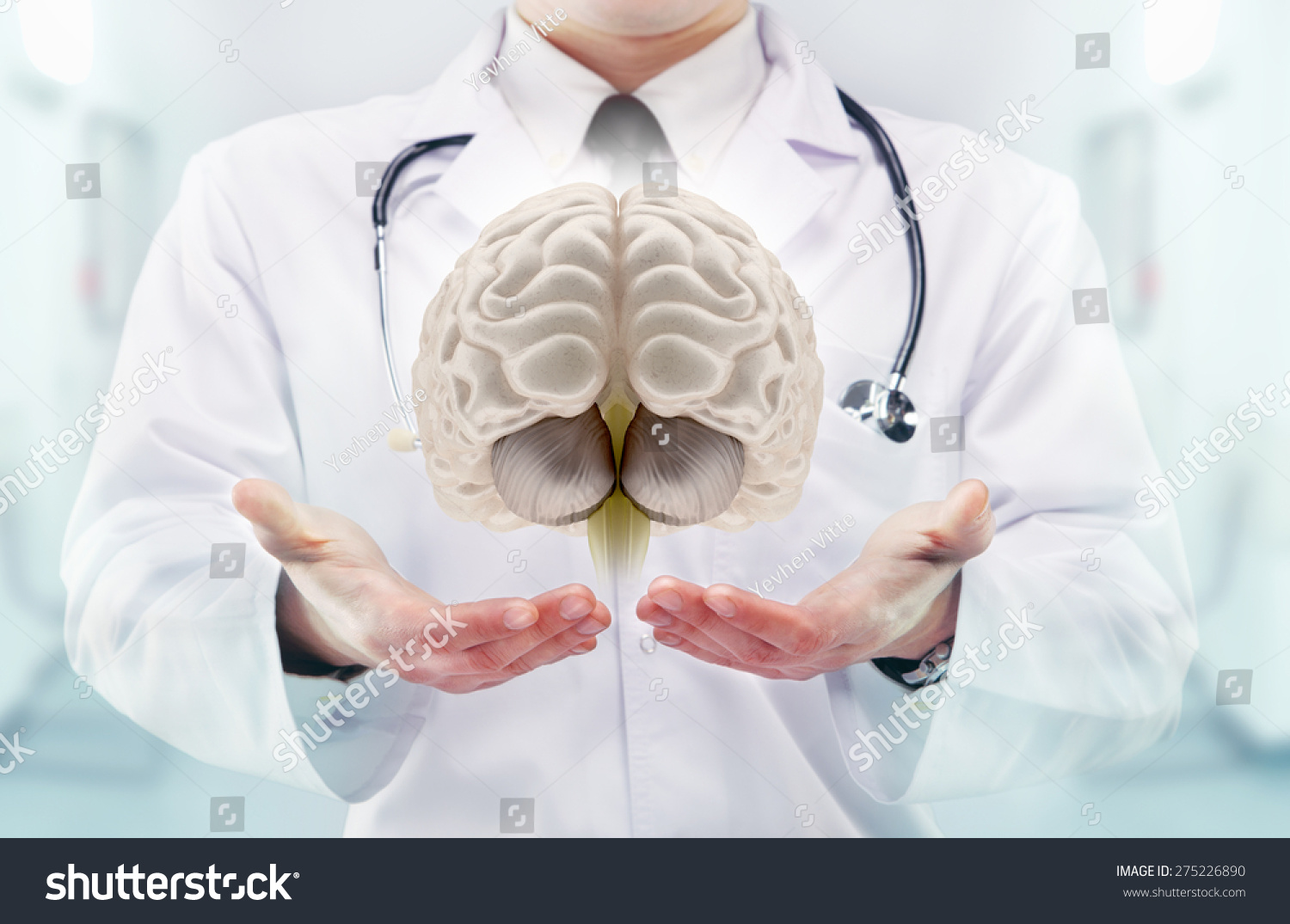 医生用听诊器和大脑的手在医院。高分辨率。-