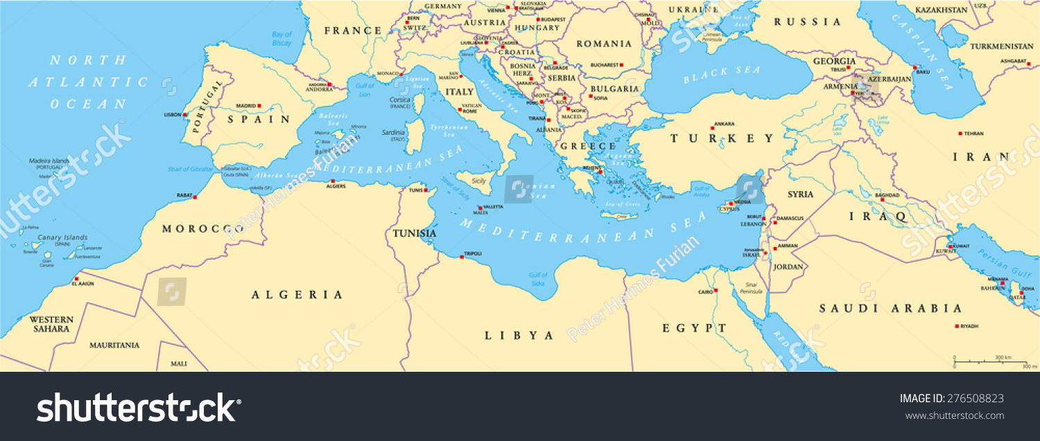 地中海盆地的政治地图。南欧、北非和近东的首