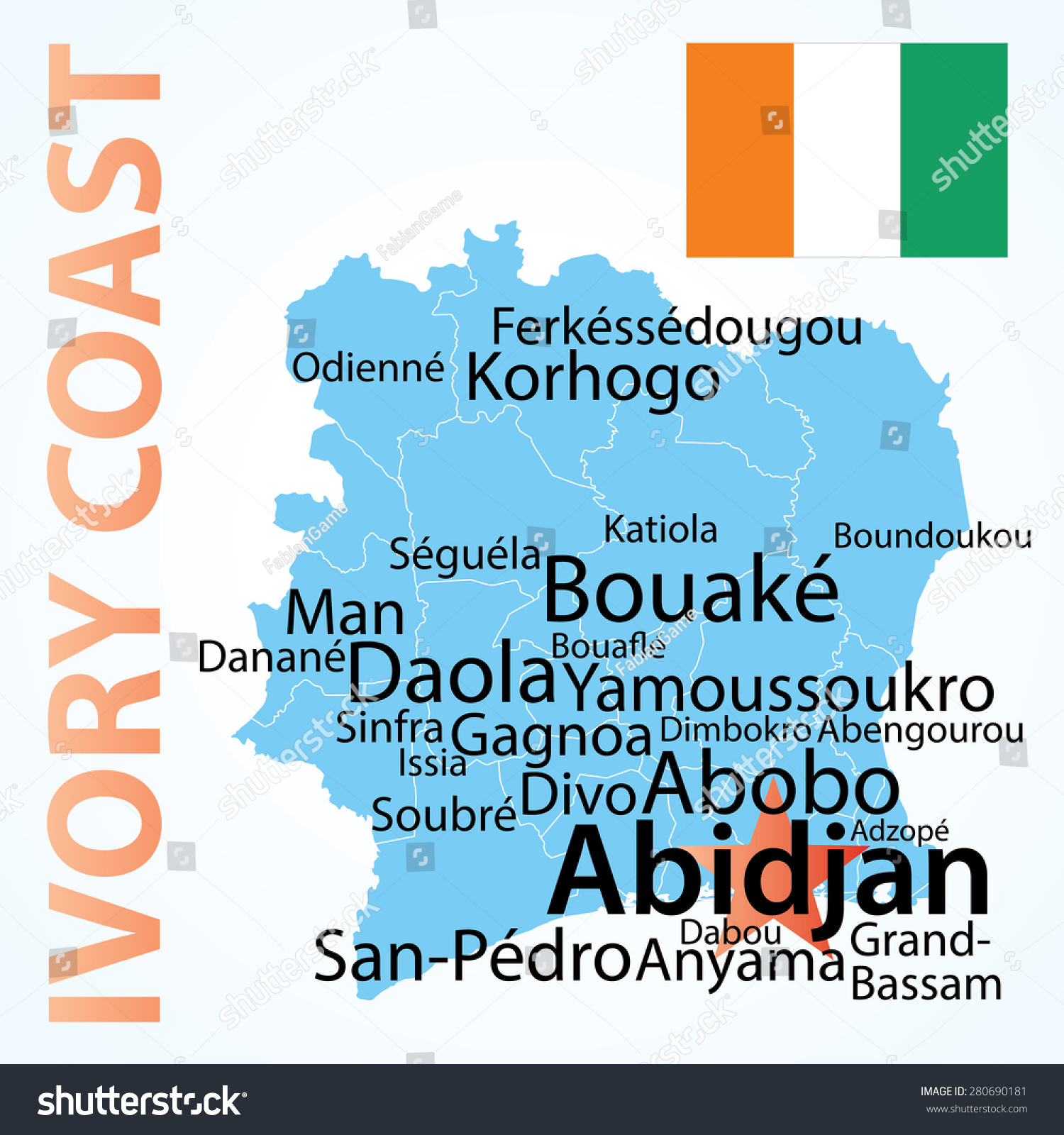 象牙海岸地图。小心翼翼地缩放文本由城市人口