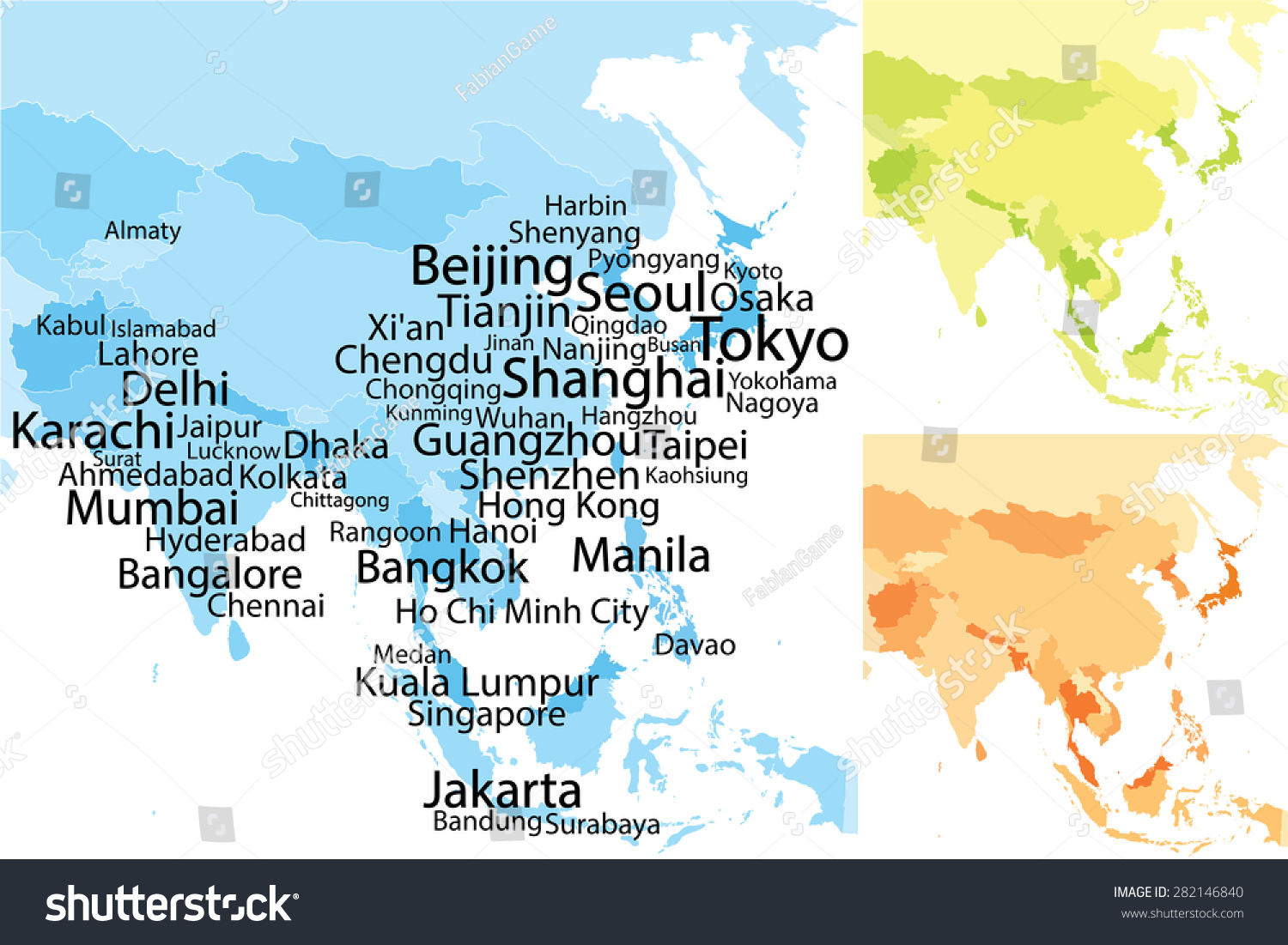 亚洲最大的城市的地图。小心翼翼地缩放文本由