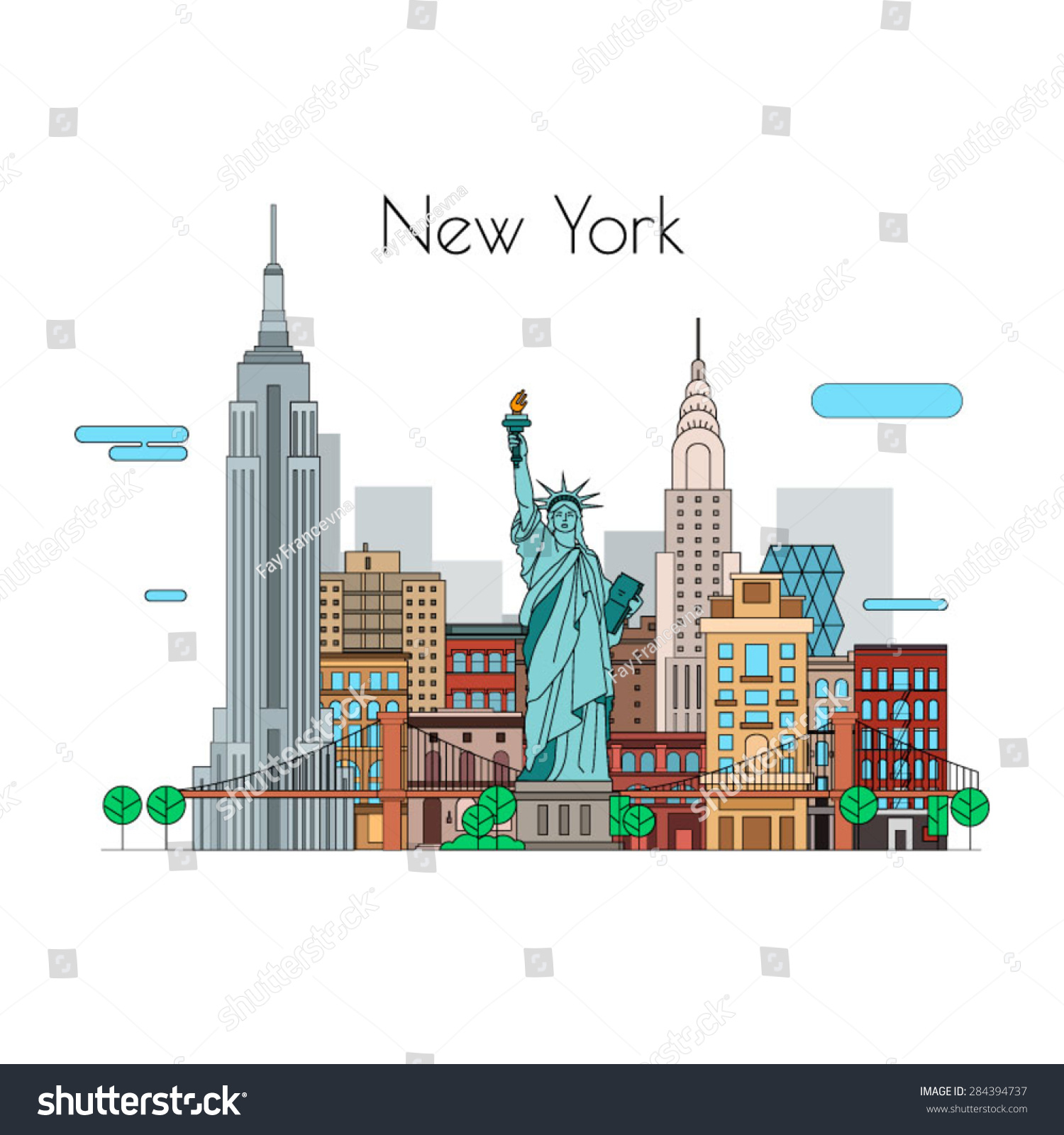 向量的城市。旅行的插图。纽约线性图标-建筑