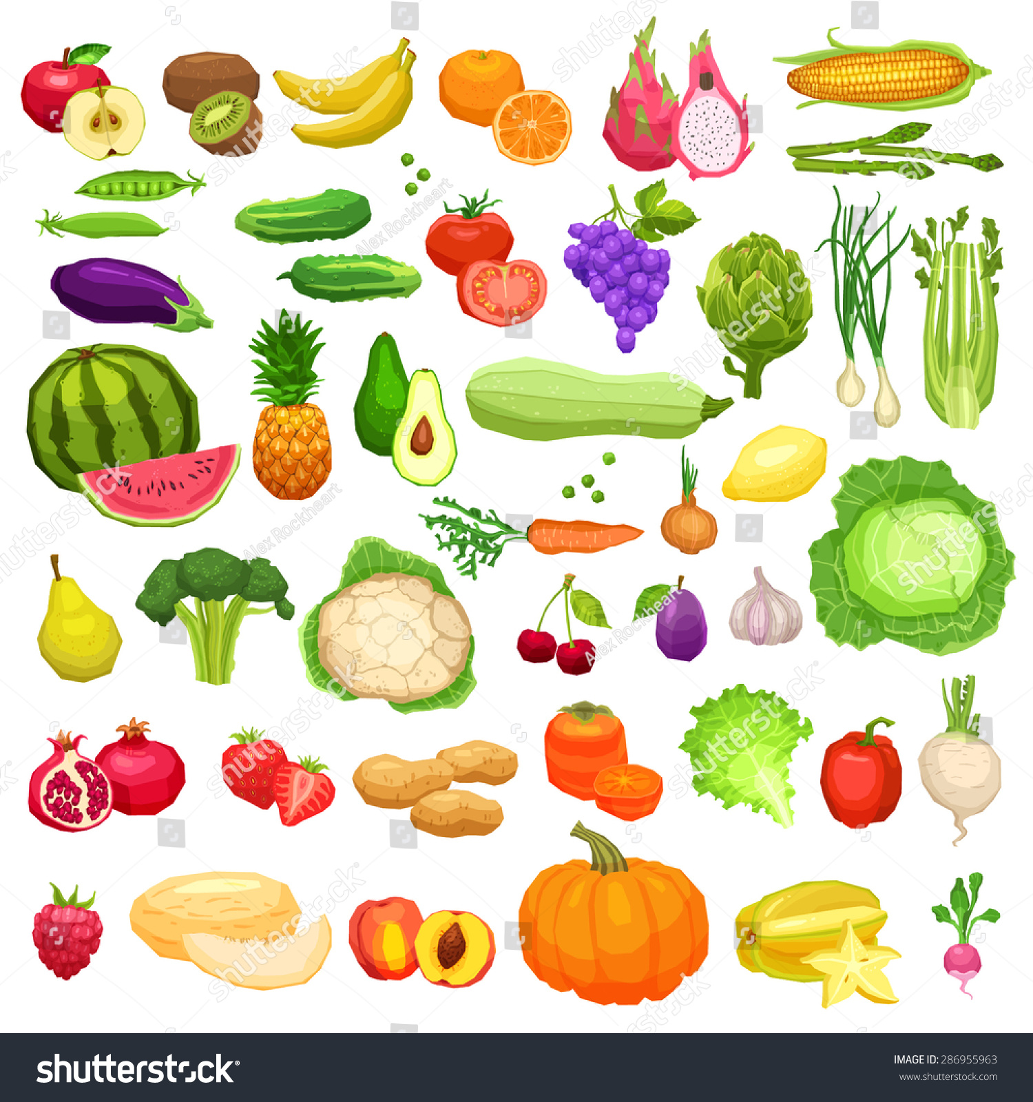 蔬菜和水果大图标设置在白色背景上的平面风格
