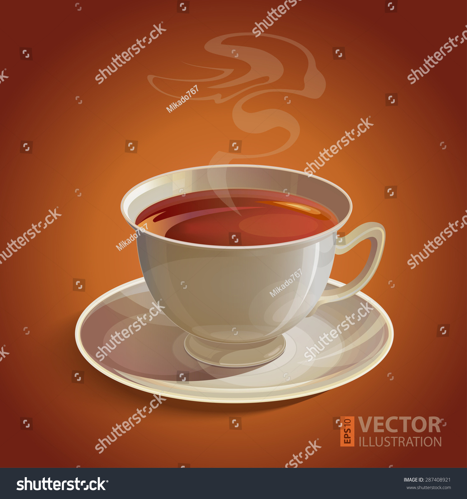 孤立的现实的白色茶杯和茶托,蒸汽在棕色的背