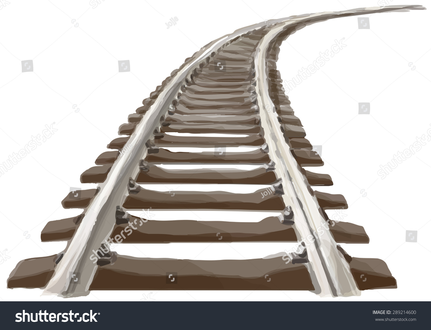 弯曲的无尽的火车轨道。透视图的弯曲的火车轨