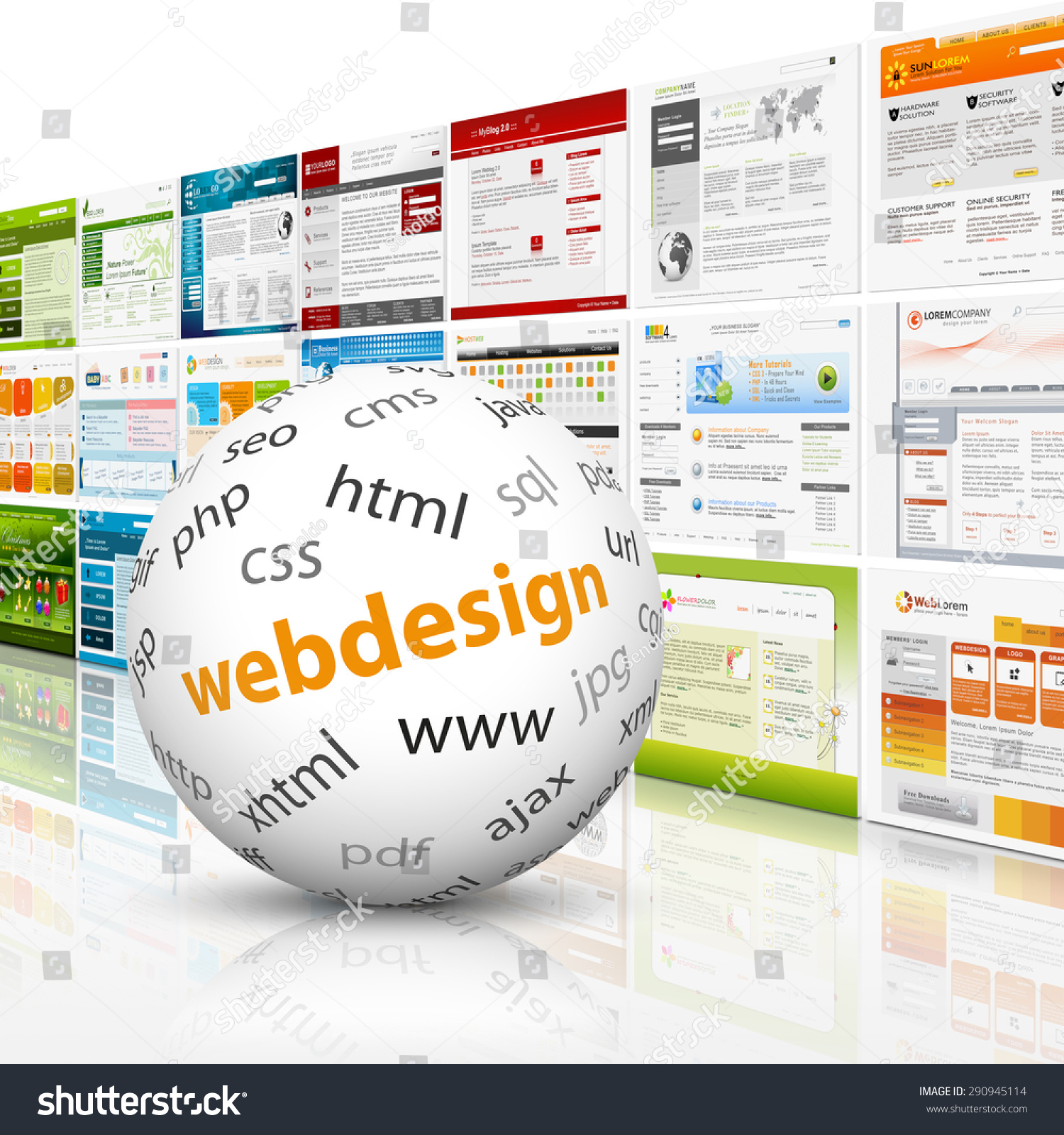 前面的白色球体与网页设计textimprint模板墙。