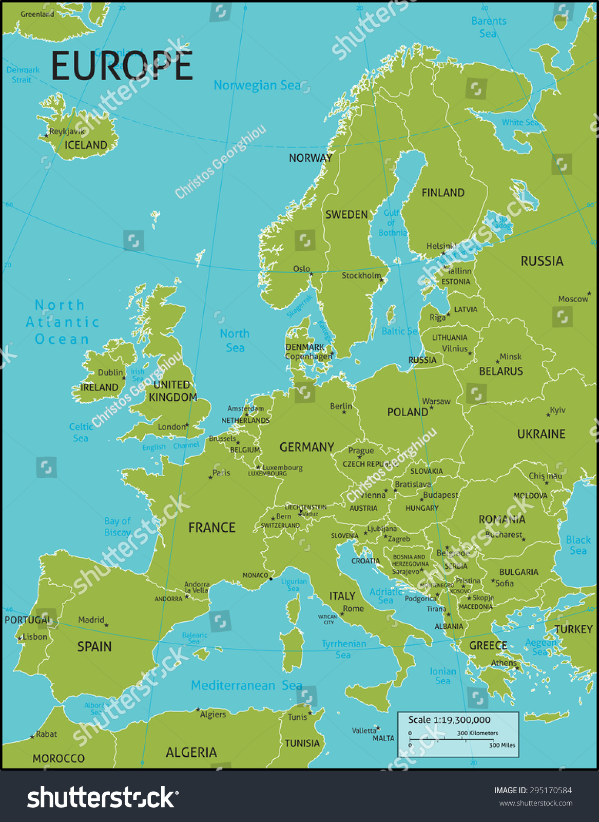 欧洲所有国家的地图名称和省会城市。颜色和中