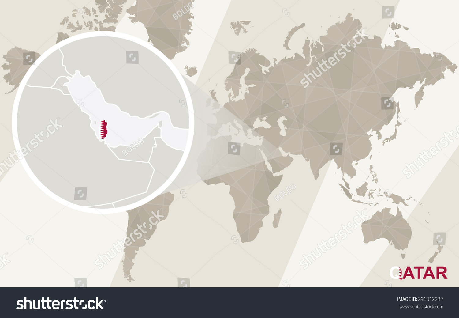 缩放地图上卡塔尔和旗帜。世界地图。-符号\/标