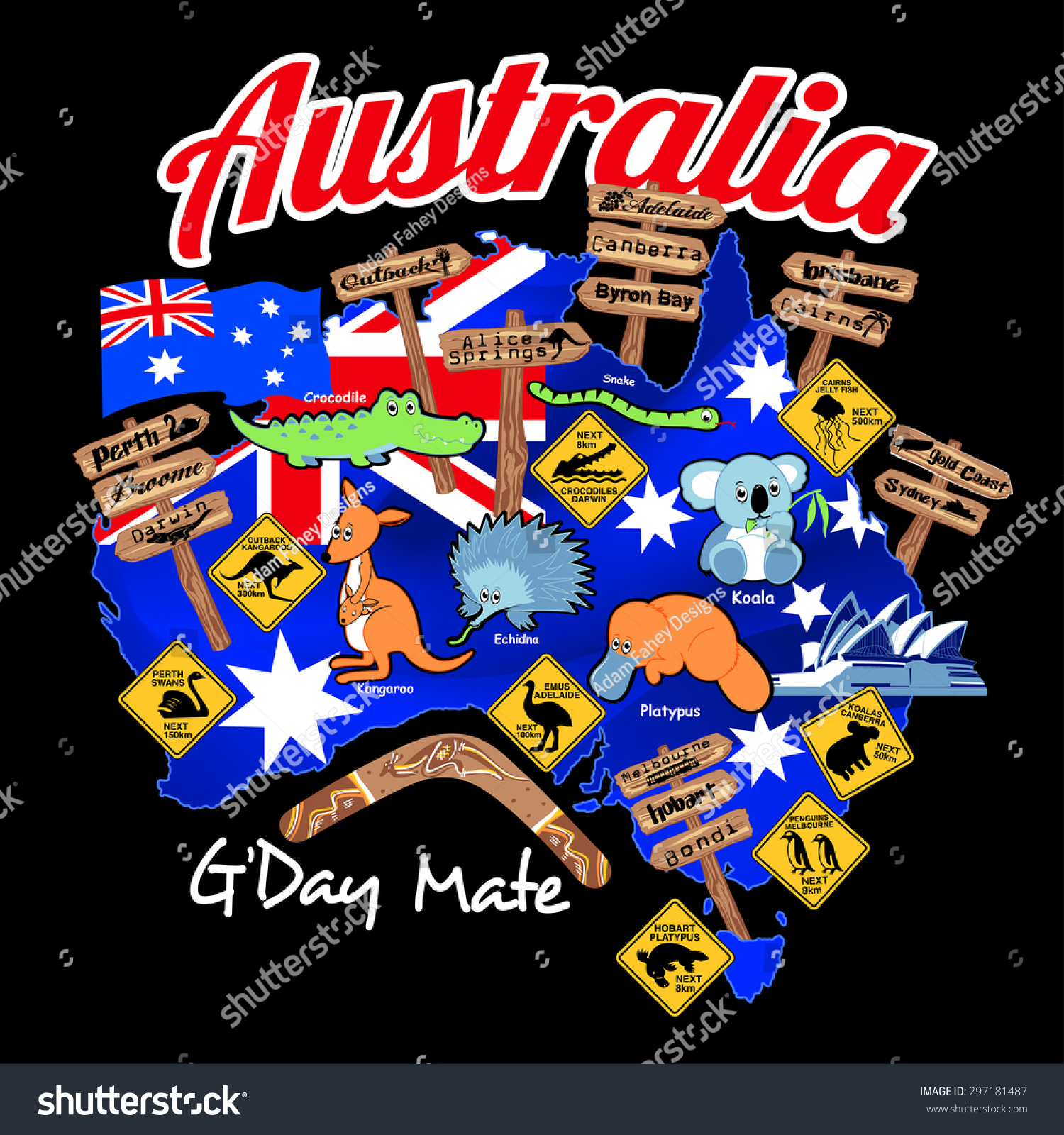 澳大利亚国旗和动物,地图旅游图标。-动物\/野生
