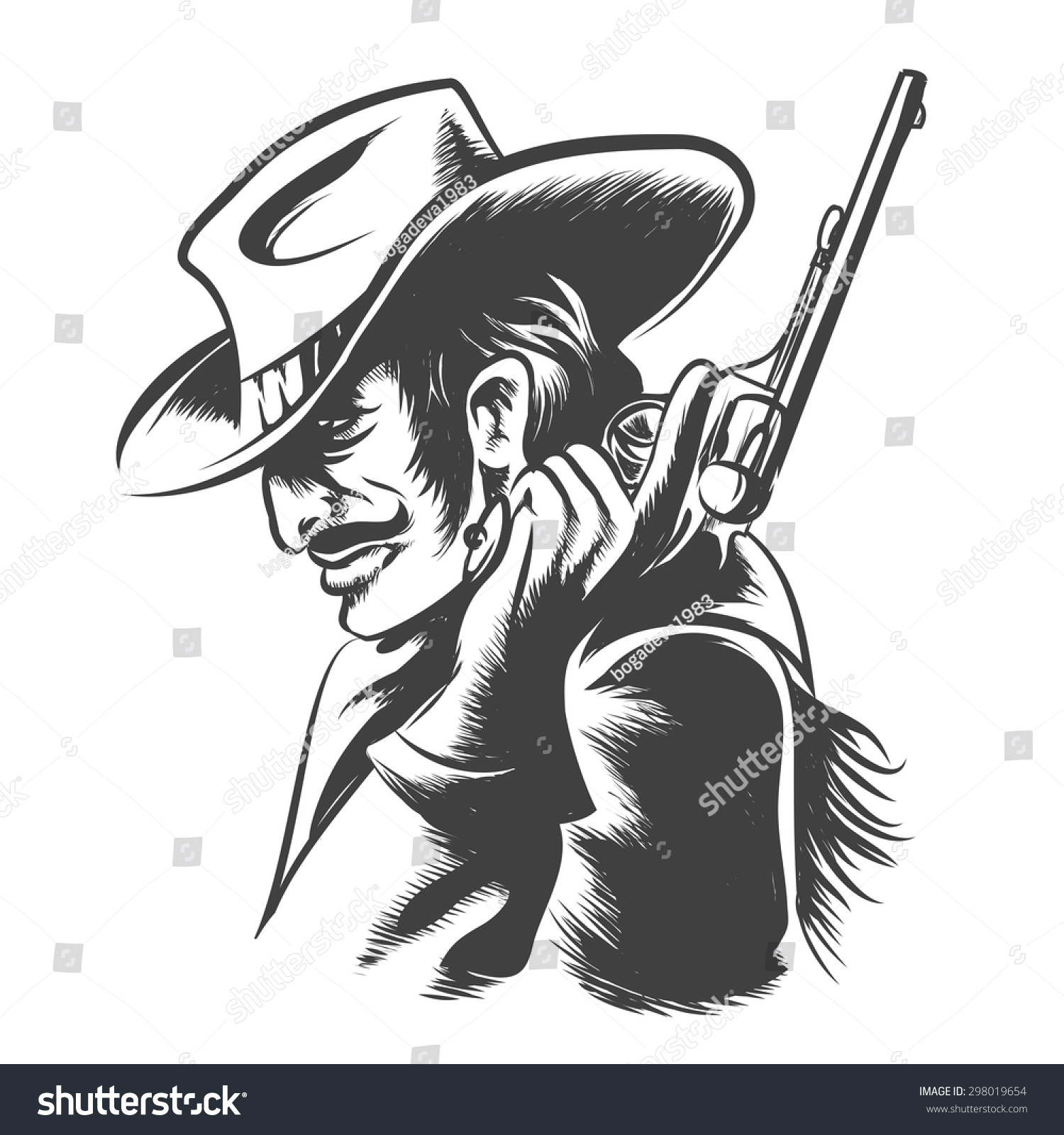 男人在牛仔帽,衣服手里拿着左轮手枪。雕刻风