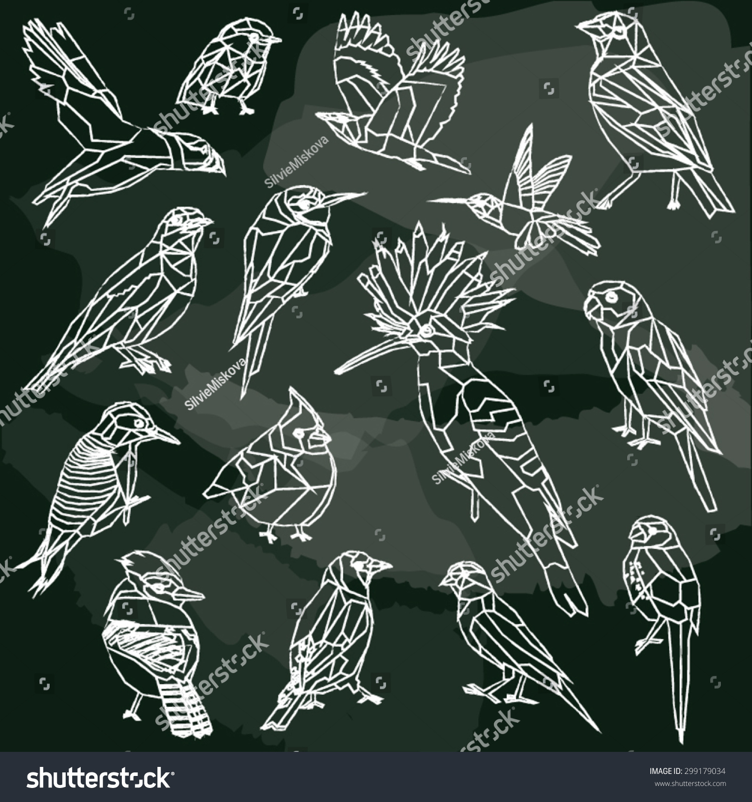 鸟儿将15鸟类低聚黑板设计孤立。蜜蜂吃金丝