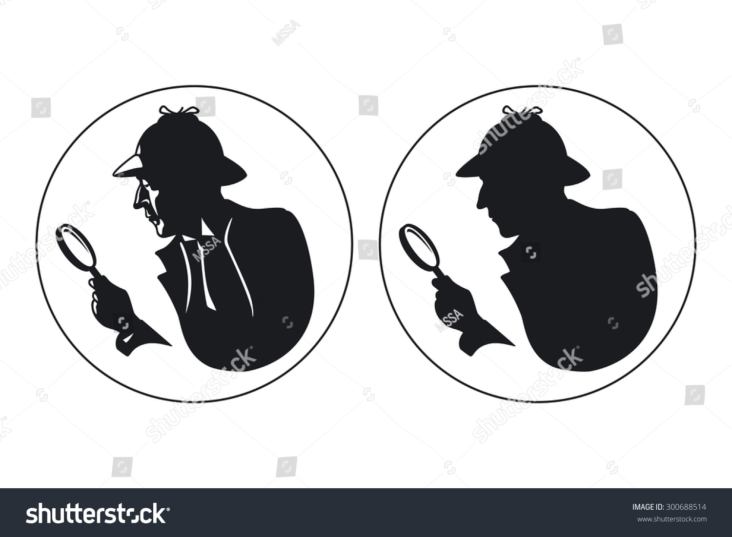 侦探向量轮廓。男子的帽子,特工间谍,私人和神