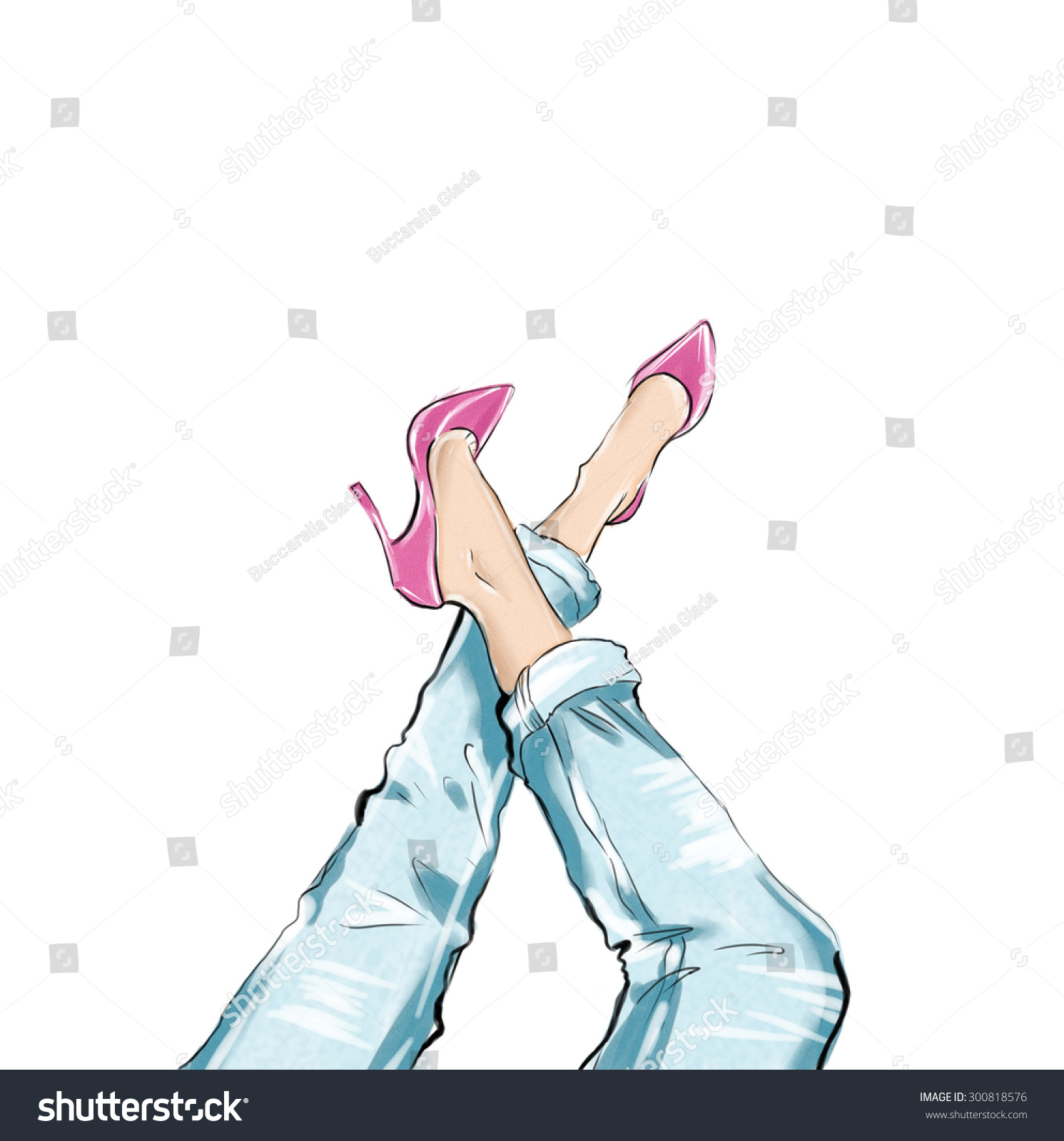 水彩手绘插图,女孩穿高跟鞋和蓝色的牛仔裤-背