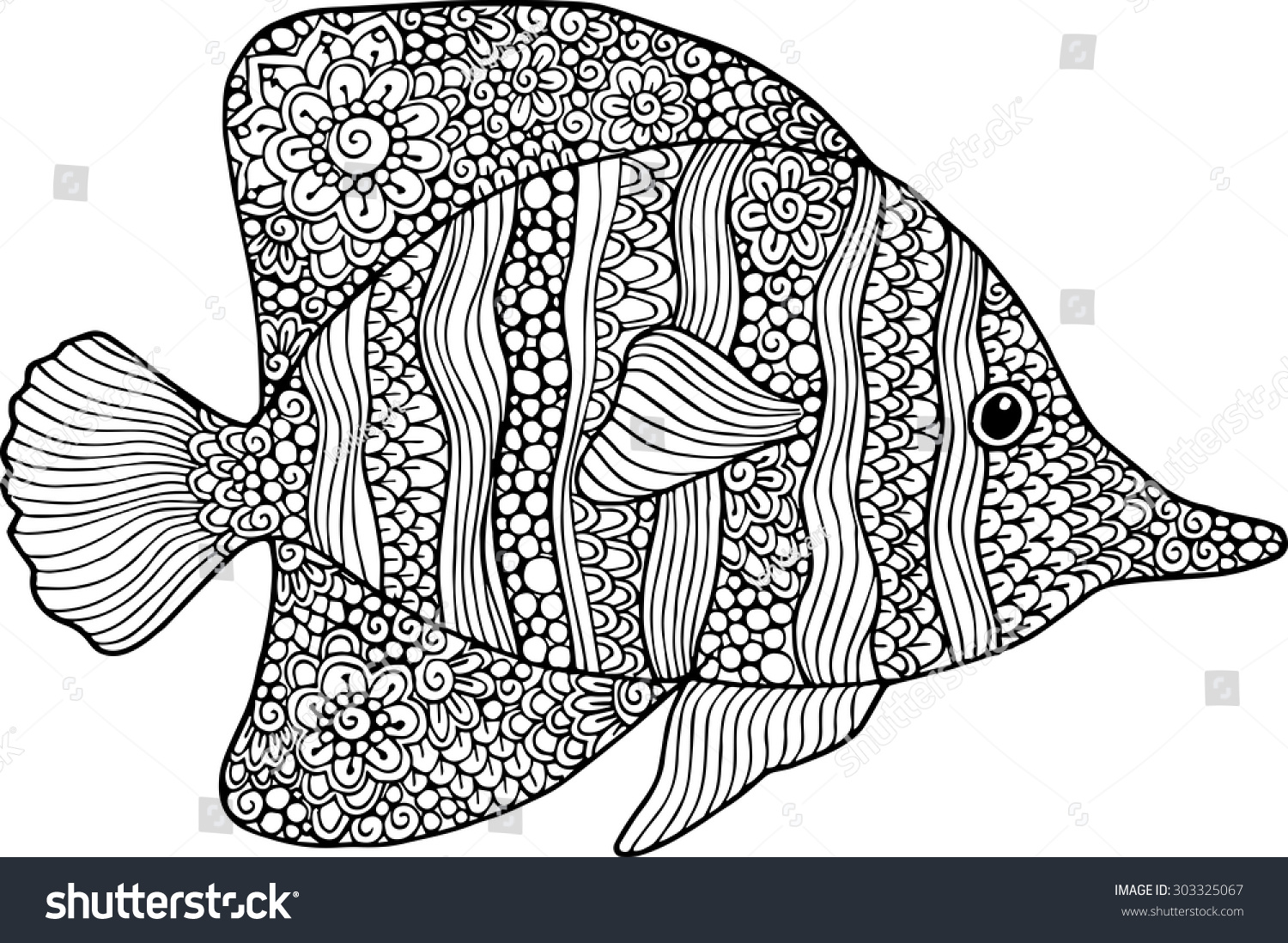 矢量手绘涂鸦大纲鱼插图。装饰鱼画与抽象的装