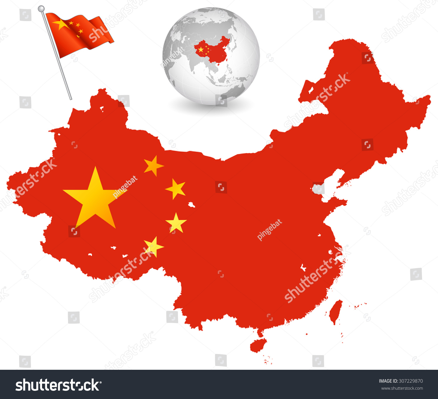 高细节矢量地图的中华人民共和国的中国国旗。