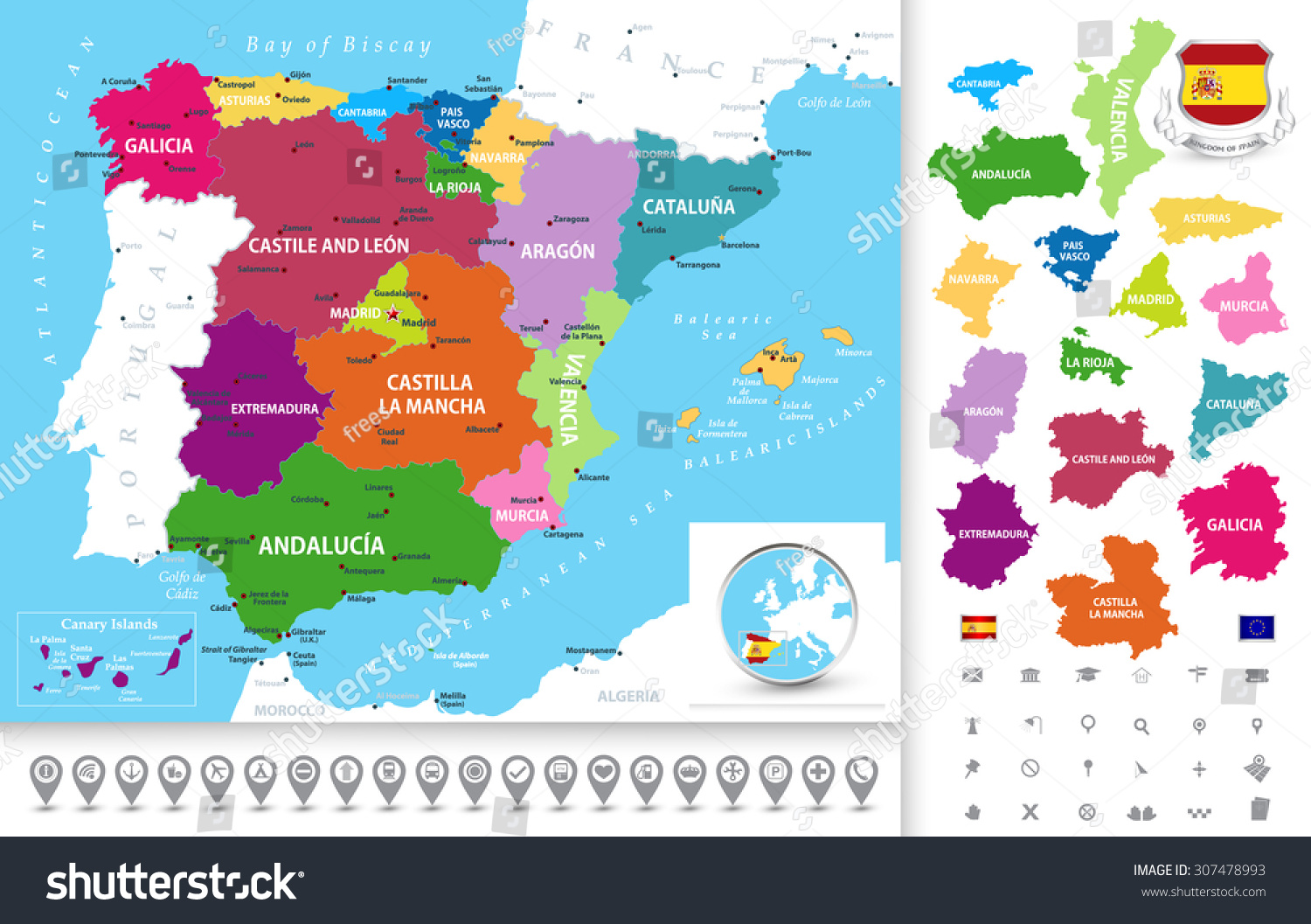 西班牙的政治地图与行政区划(地区),城市,分开