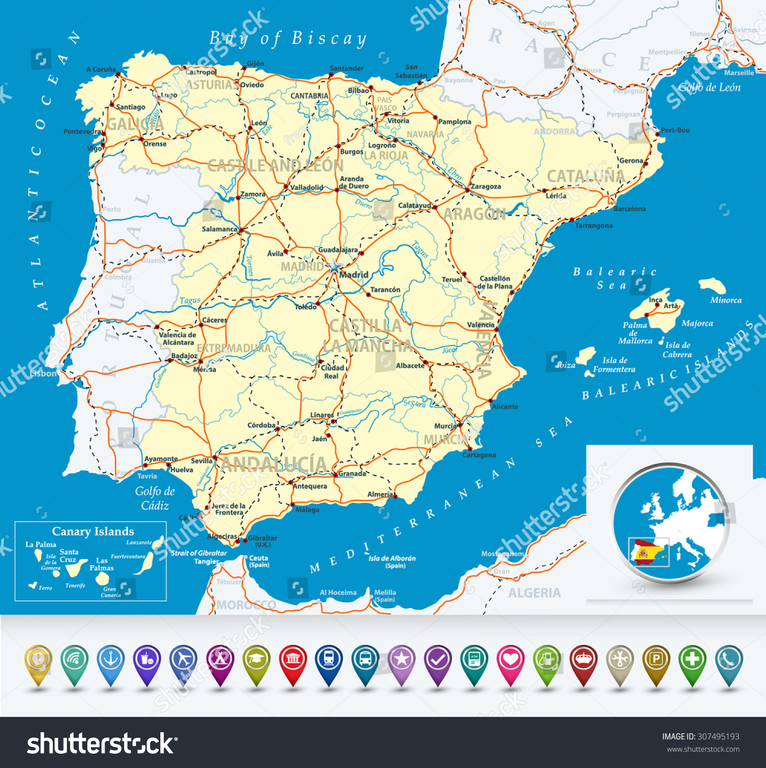 西班牙与泡沫的详细地图图标,公路、铁路、城