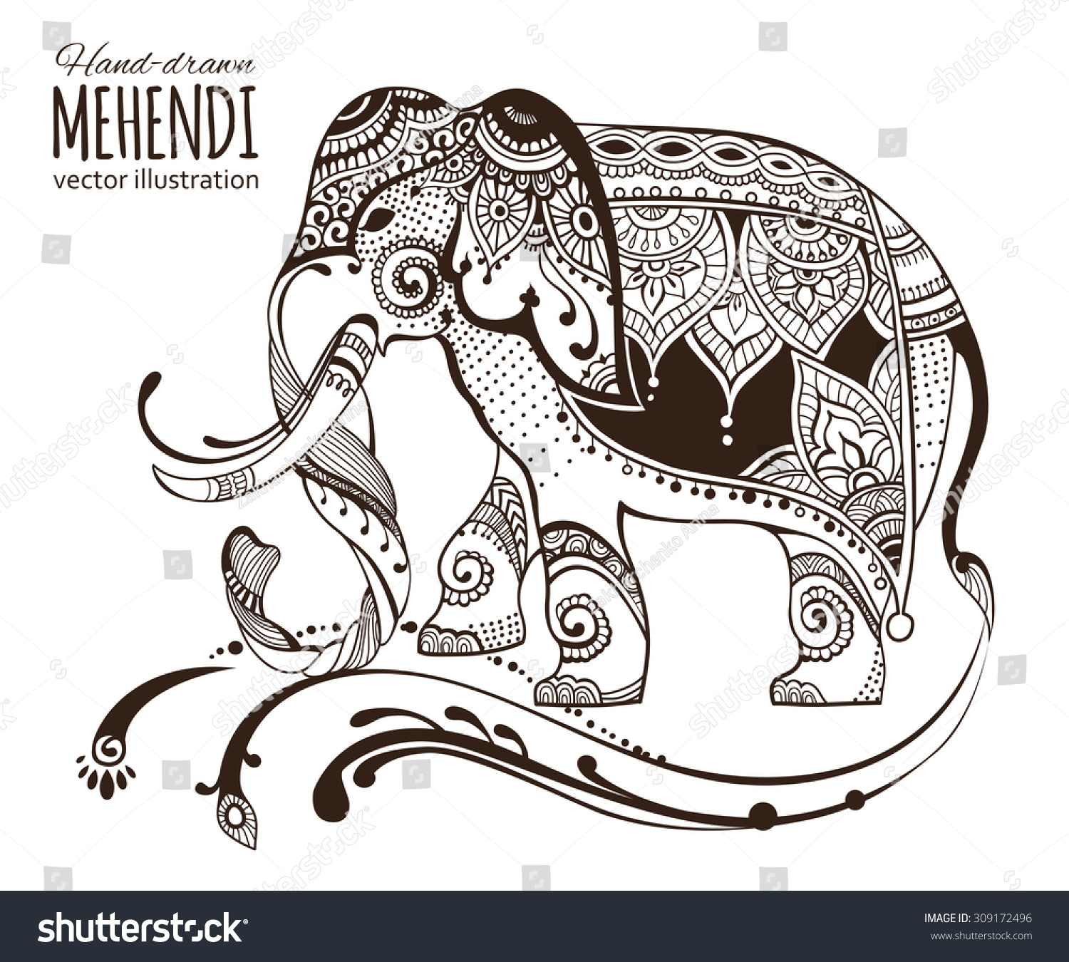 手绘mehendi大象。非洲民族,印度,图腾纹身设