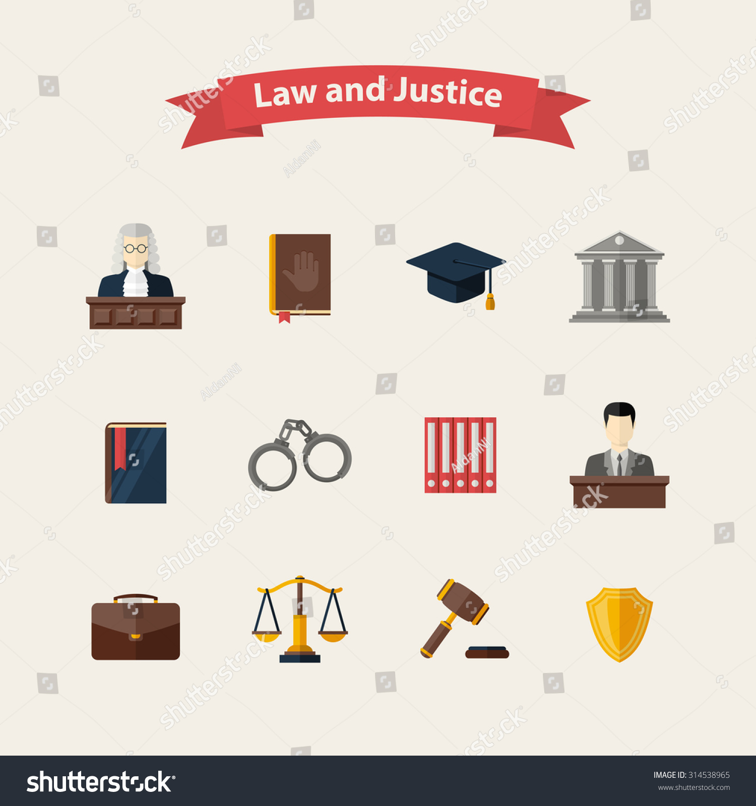 法律与公正的图标集法官公文包书锤陪审员手铐