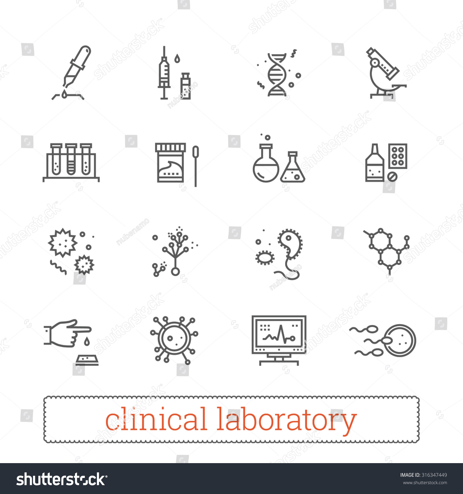 临床实验室细线图标:医学科学,病毒学研究,微生