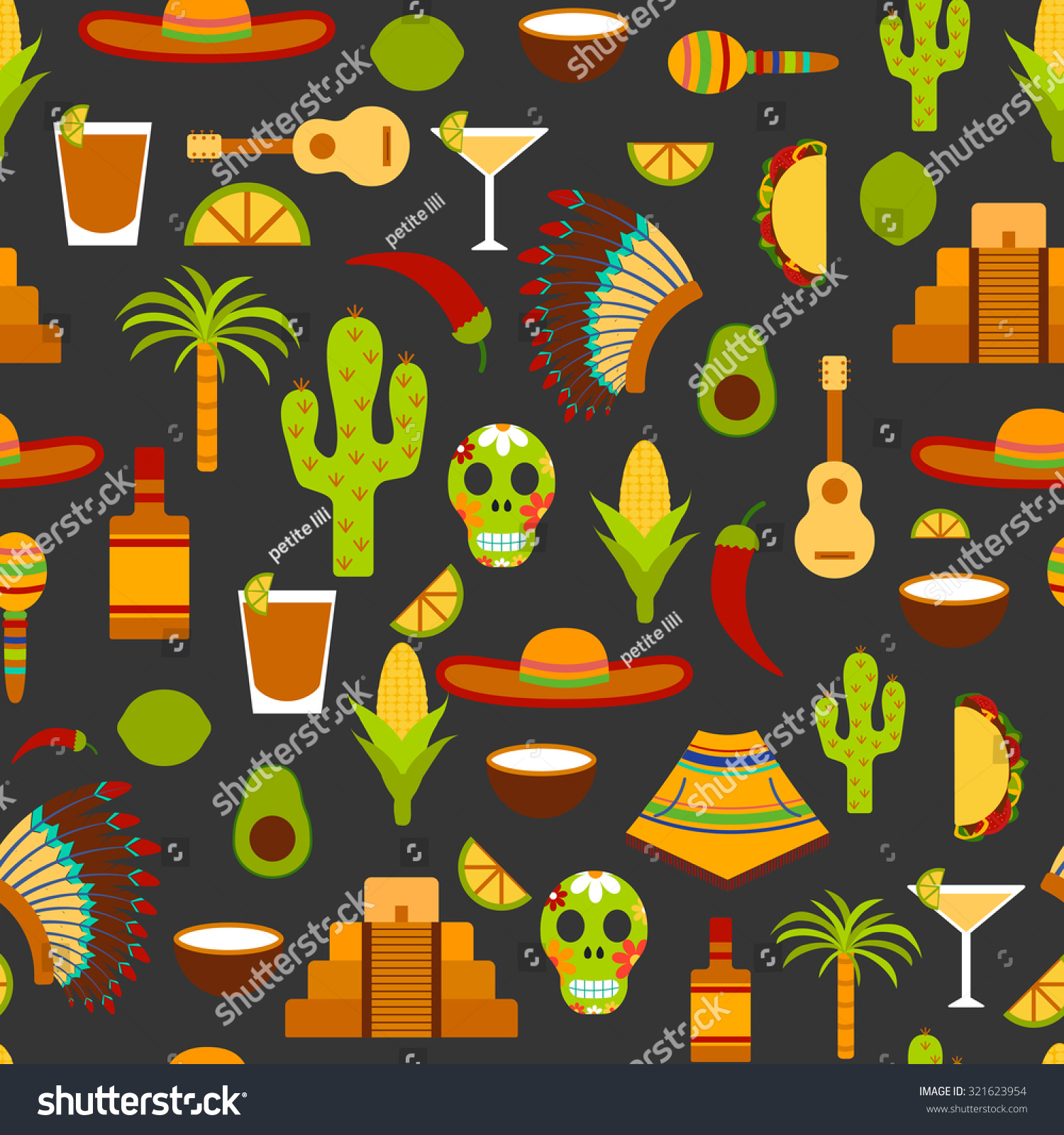 无缝的背景主题:墨西哥草帽,雨披,龙舌兰酒,co