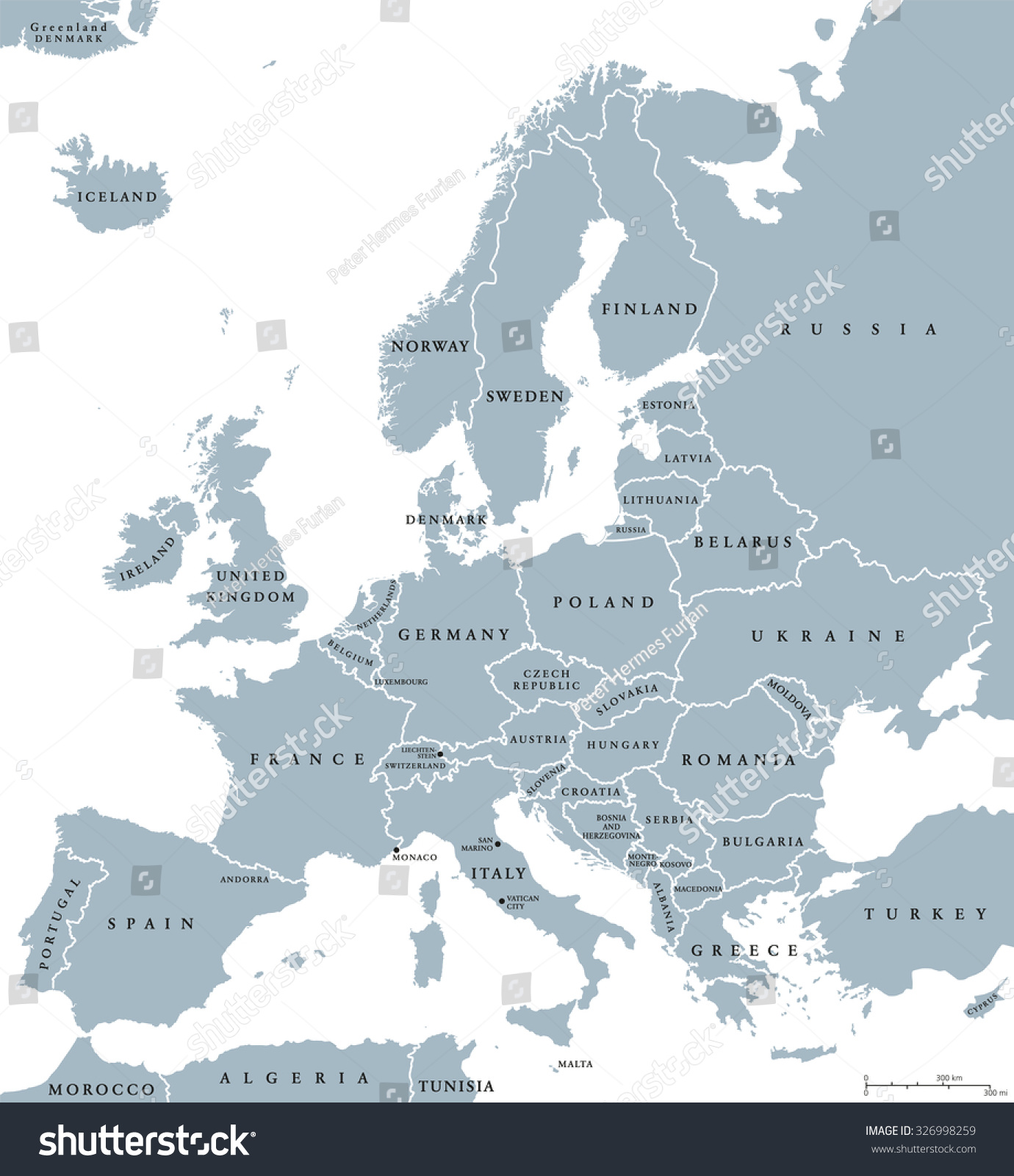 洲国家的政治地图国界和国家名称。英语标识和
