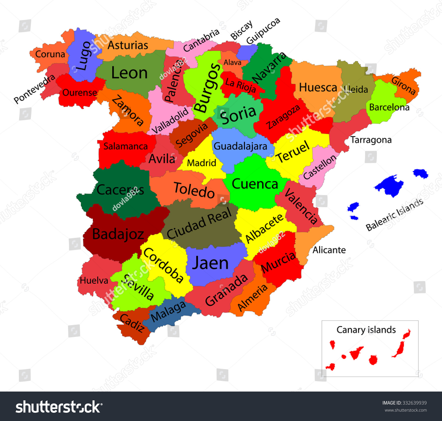 可编辑丰富多彩的西班牙的矢量地图。西班牙的