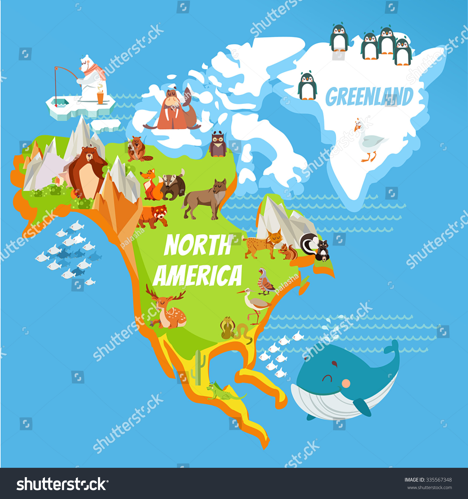 卡通北美大陆的地图与河流、山脉和动物。卡通