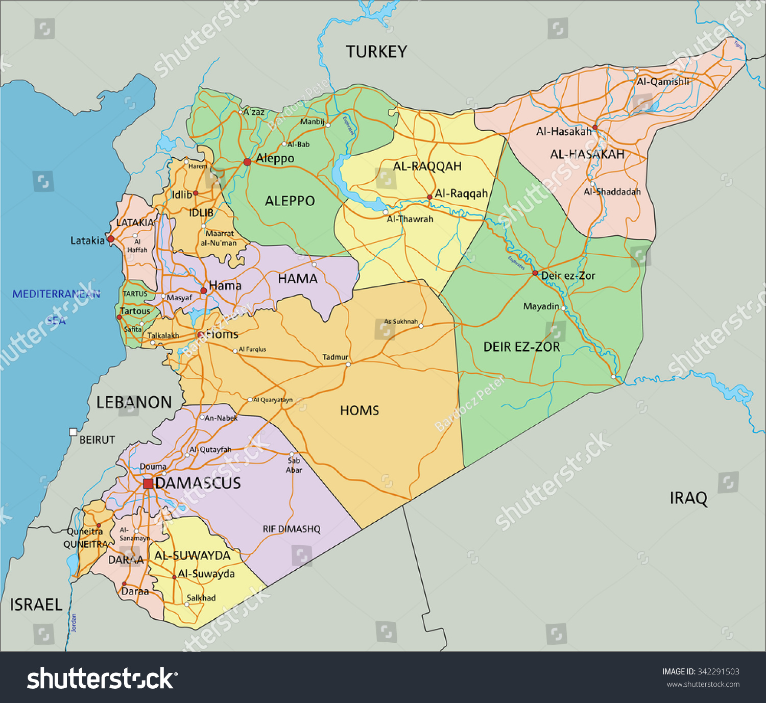 叙利亚--非常详细,可编辑的政治地图标记。-背
