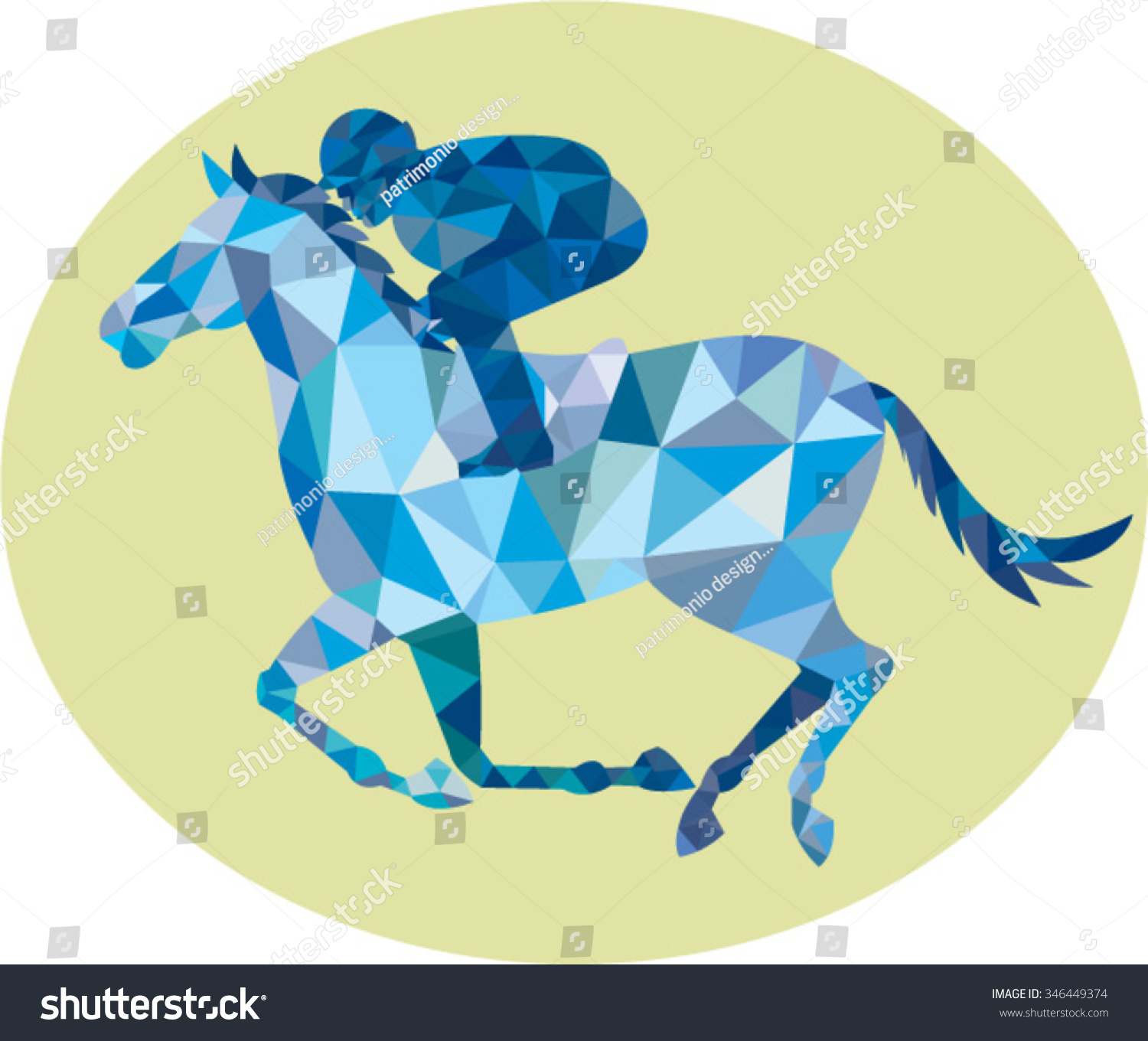 低多边形风格插画的马和骑师赛车从侧面设置在