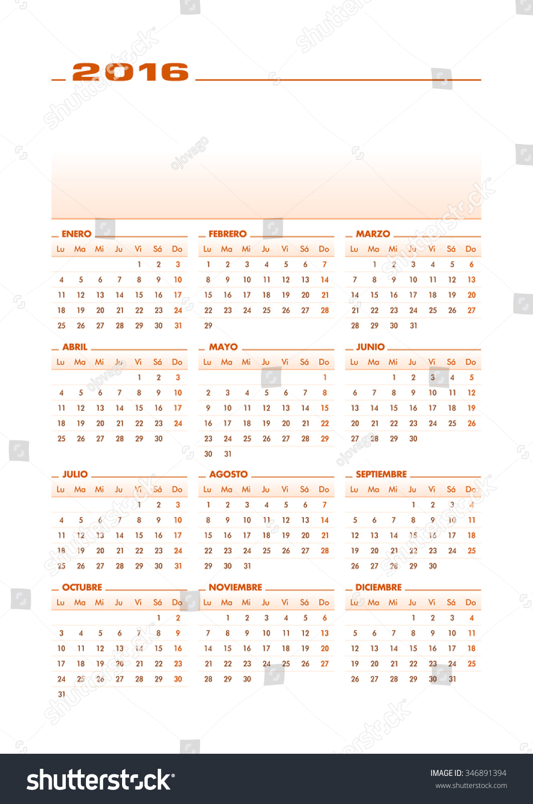 简单和干净的日历2016西班牙语。与空间矢量