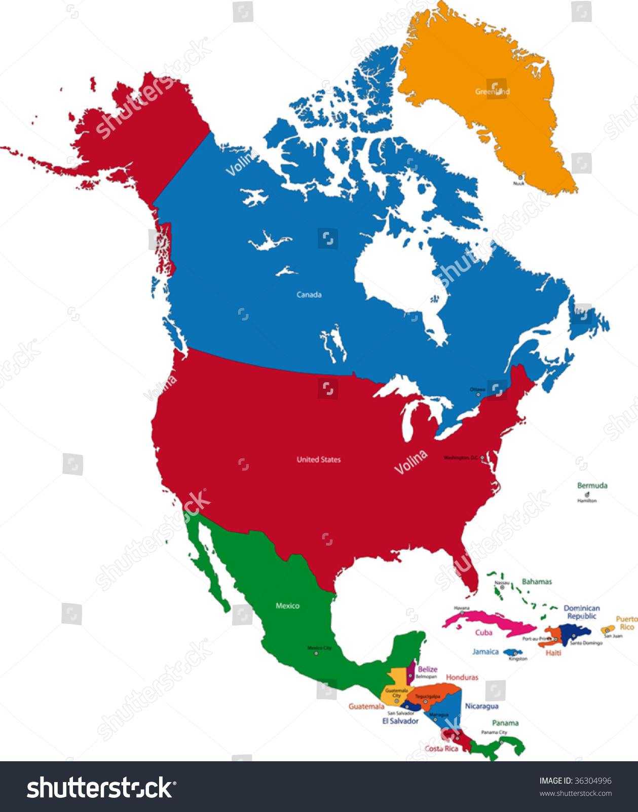 色彩斑斓的北美地图与国家和首都城市