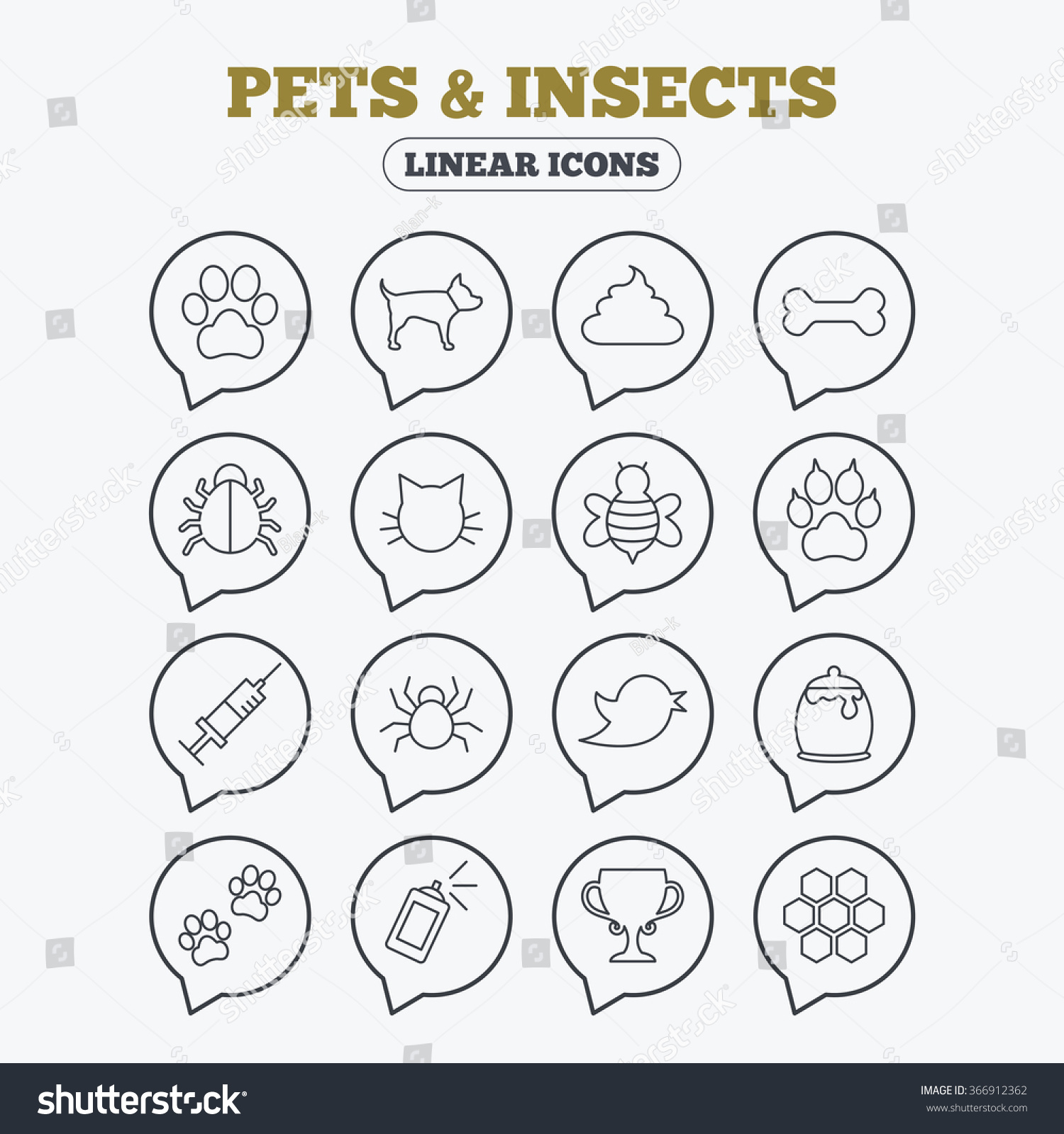 宠物和昆虫图标。狗爪子。猫爪与离合器。骨骼