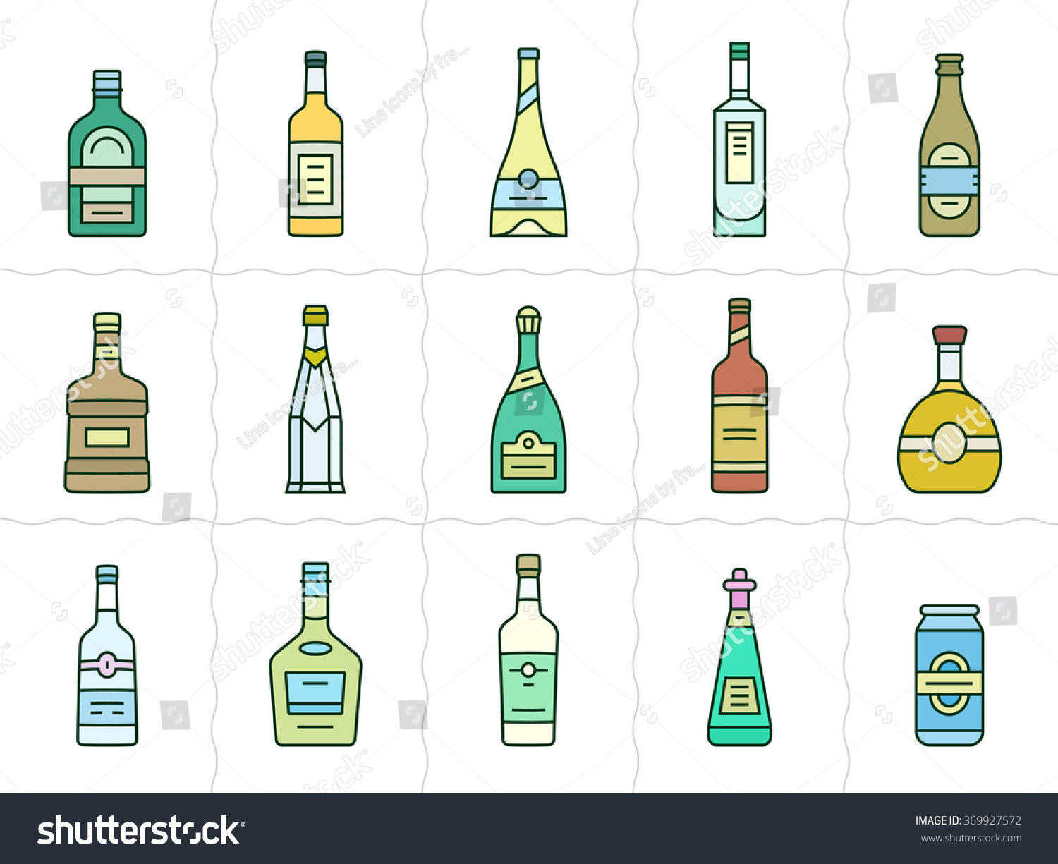 不同类型的酒精。矢量图标的酒精瓶。线性风格